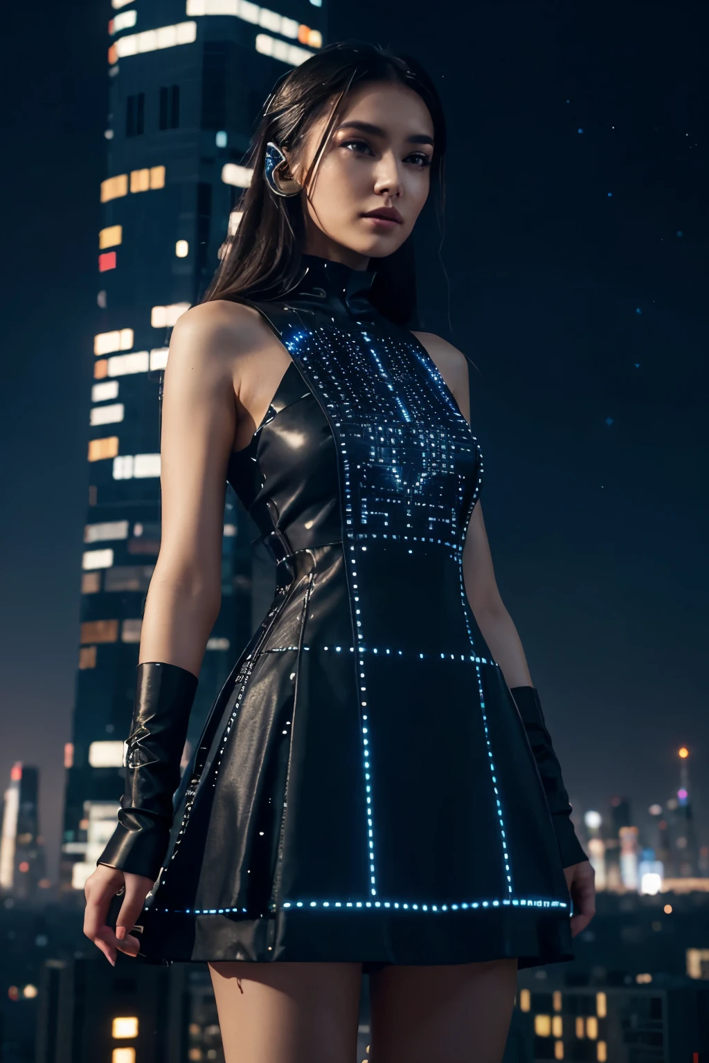 Pixelated Poet Amid Silicon Skylines: Oozing electronic elegance under digitized skyscrapers, our model adorns a binary-coded dress emitting gentle LED twinkle, mirroring the distant stars in the night sky - a beautiful fusion of old-world lyricism and future-tech fashion.
