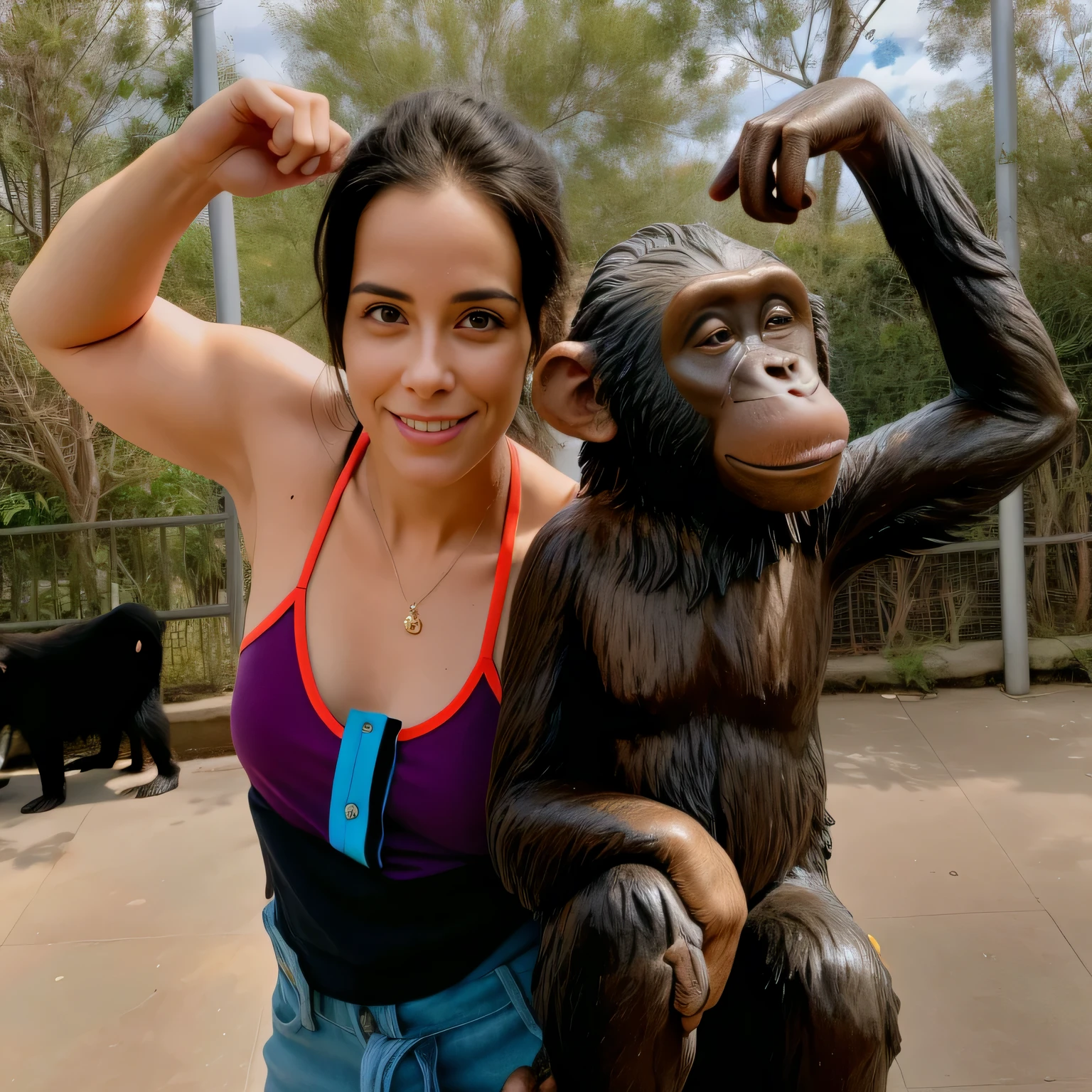 woman posing with a statue of a monkey and a dog, jenna barton, motivational, posing like a statue, 🦩🪐🐞👩🏻🦳, photo taken in 2 0 2 0, lynn skordal, subject= chimp, waving at the camera, chimpanzee, crisp detail, you won't believe it, monika, monkey limbs