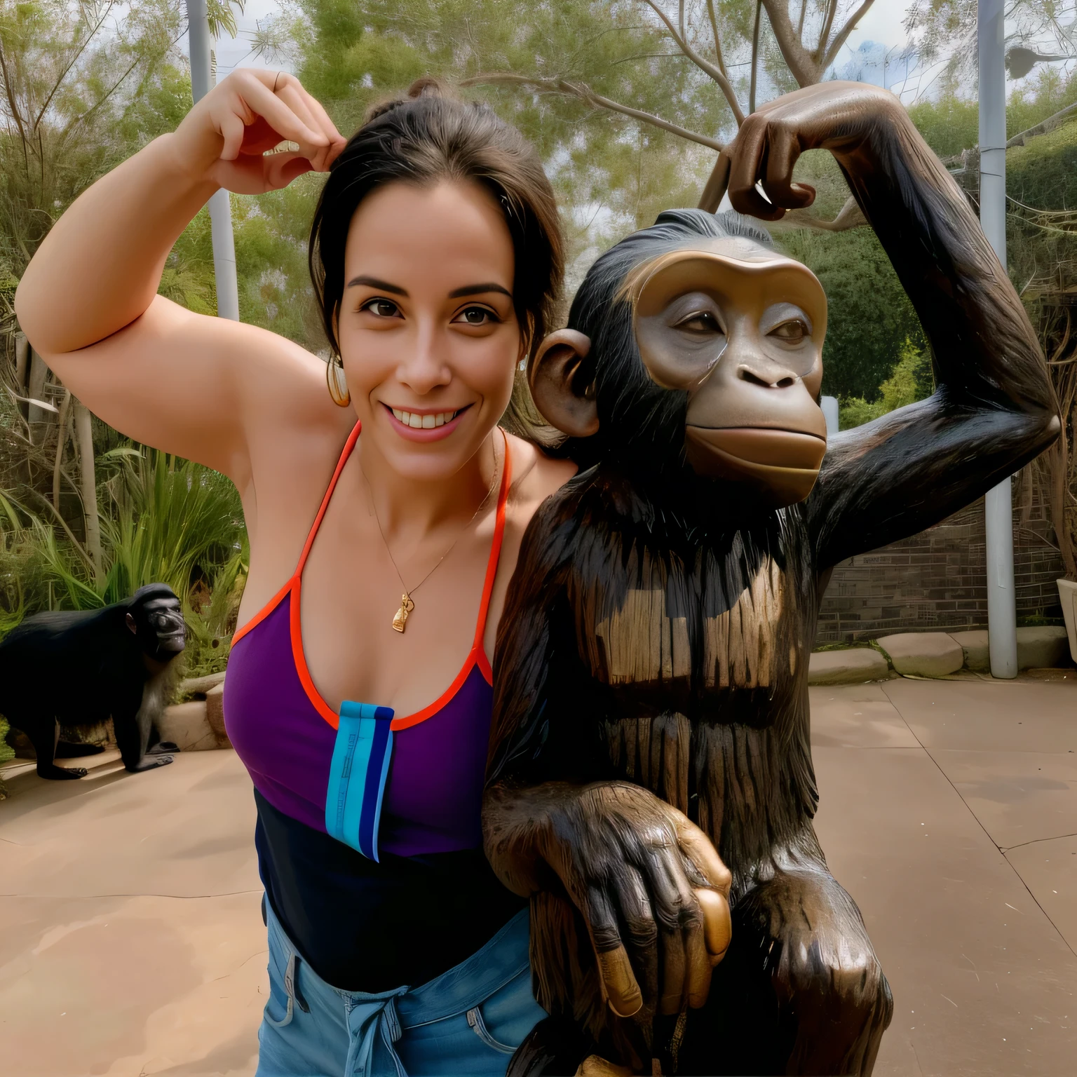 woman posing with a statue of a monkey and a dog, jenna barton, motivational, posing like a statue, 🦩🪐🐞👩🏻🦳, photo taken in 2 0 2 0, lynn skordal, subject= chimp, waving at the camera, chimpanzee, crisp detail, you won't believe it, monika, monkey limbs