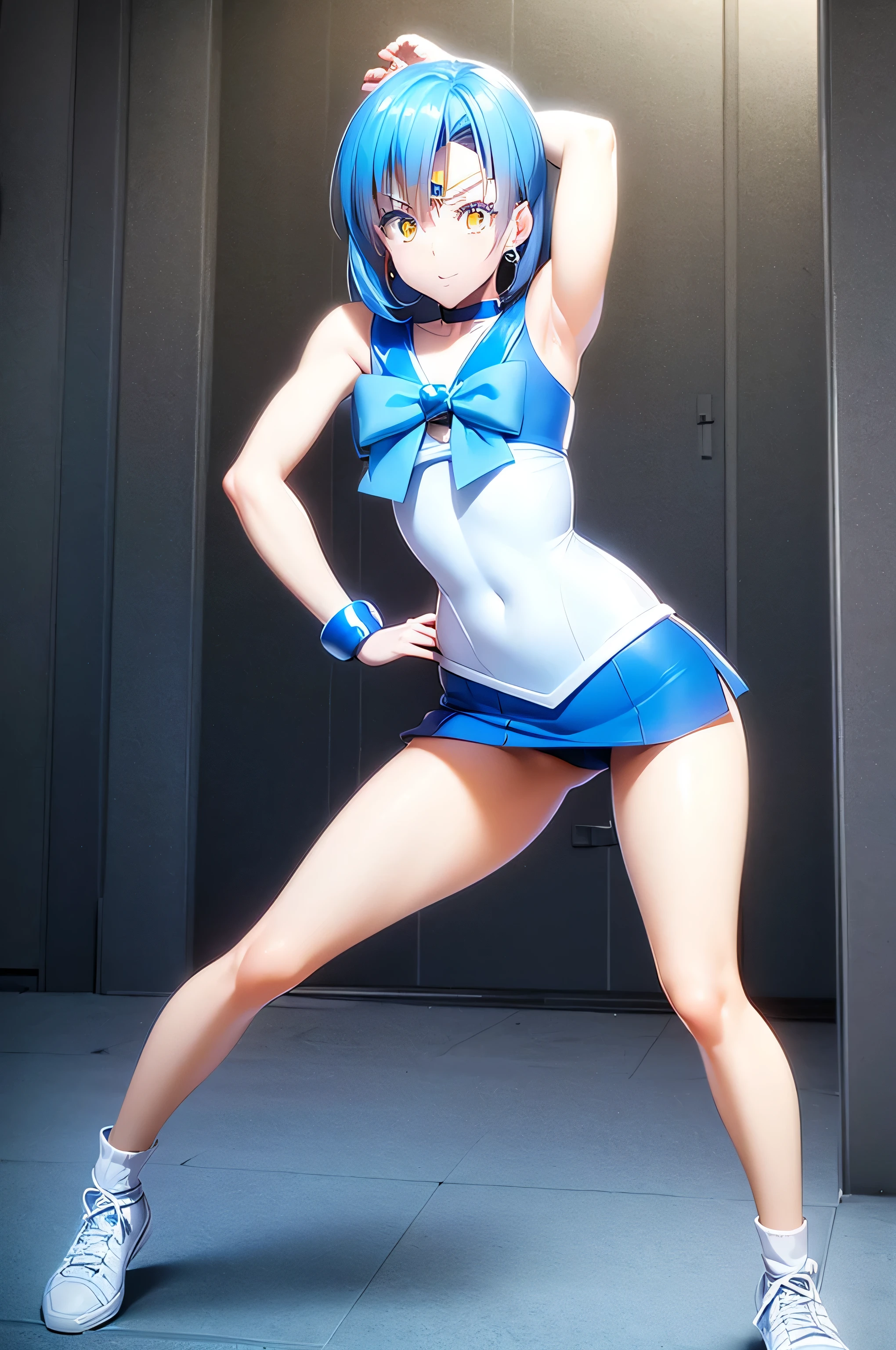 Masseter muscle part, highest quality, 超A high resolution, highest quality, anime style, ((tensura, rimuru, head only)), one person, blue hair, long hair, beautiful face, free pose, sailor mercury_costume, (sailor mercury,neck ribbon, blue hair, short hair, circlet, jewelry, crescent moon earrings), blue mini skirt, forested background, full body photo,