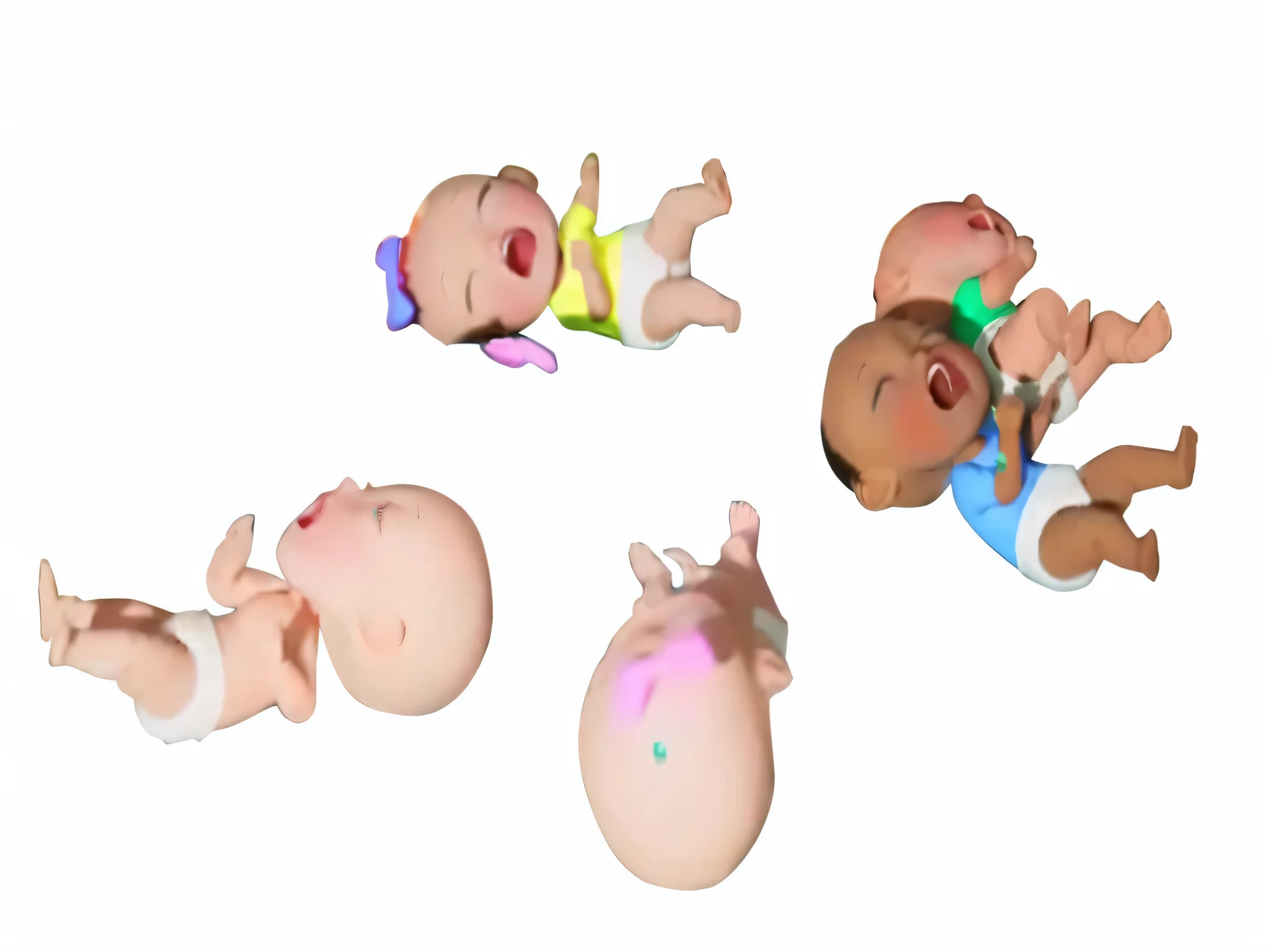 地板上lying down几个娃娃,One of them is holding a toothbrush, human baby, they all lay down, 圆head, How many dolls are there in a photo??, 垂直平head, Inspired by Zhang Xiaogang, lying down, cute porcelain doll, lying down的动态姿势, 3 head, head, Clay animation, video static, head向下倾斜