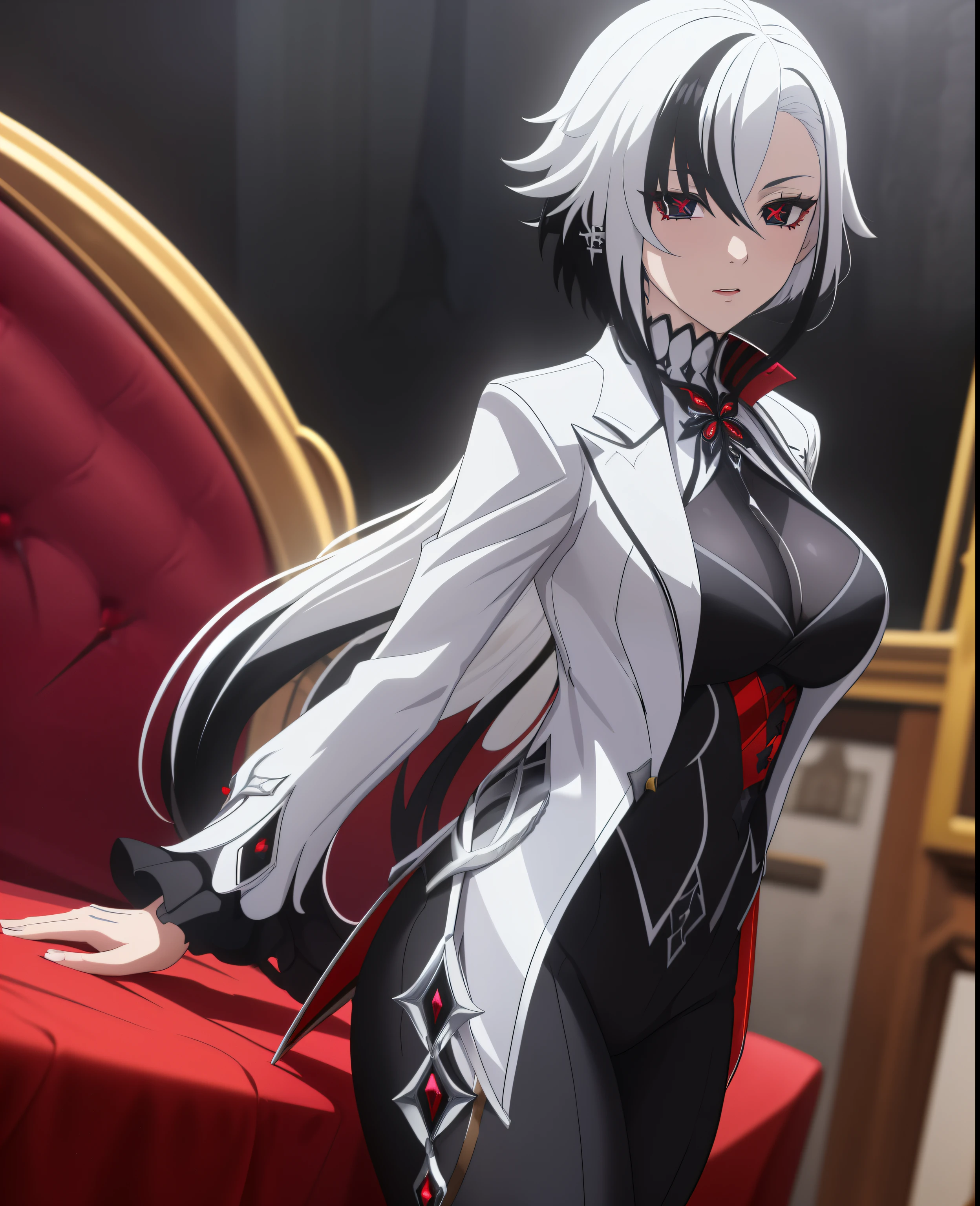 masterpiece, best quality, ultra-detailed, anime style,1girl, solo, white hair, black hair, multicolored hair, (black eyes, x-shaped pupils), white arle_suit, fantasy room background