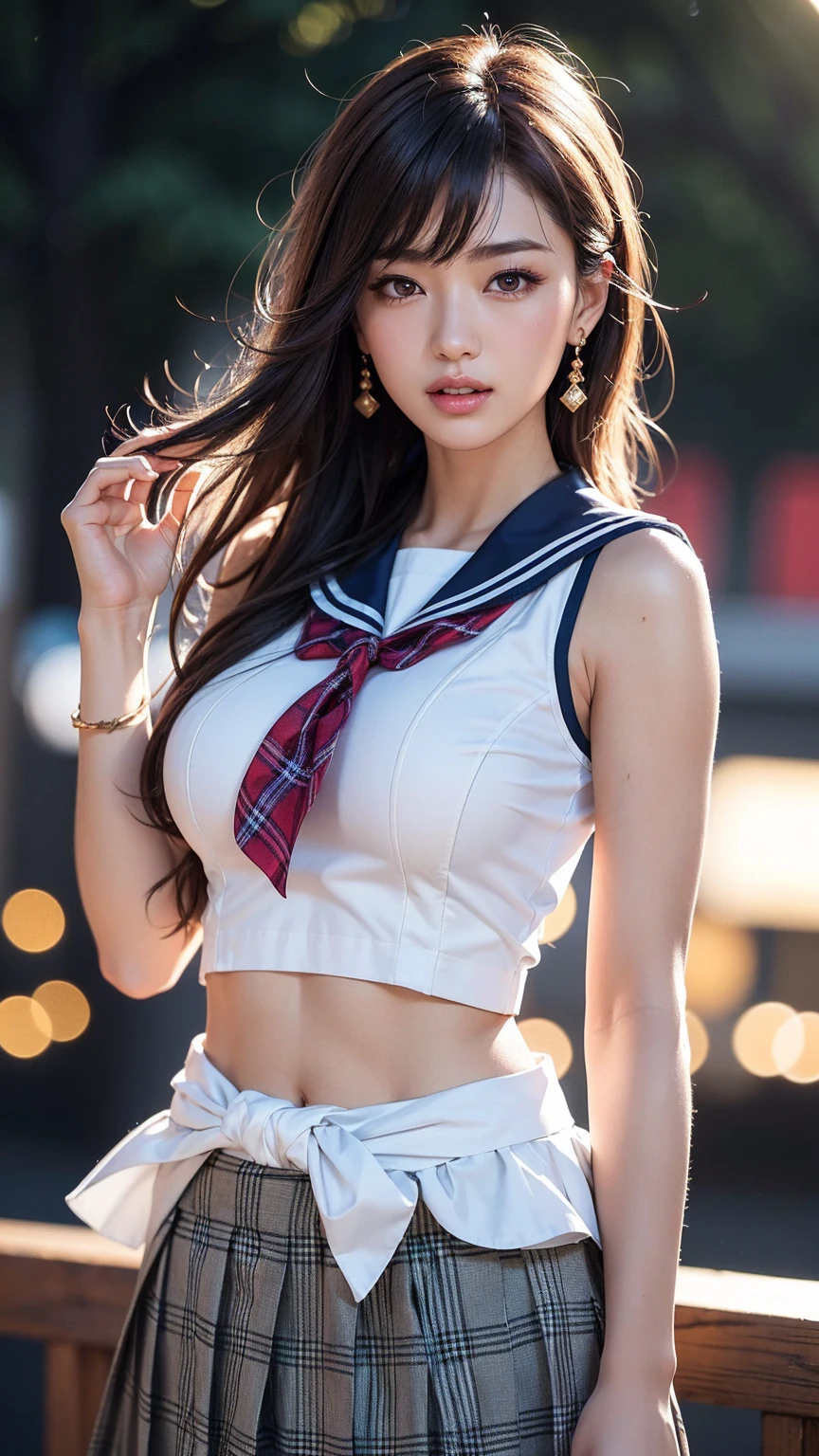 the Extremely Detailed CG Unity 8K Wallpapers, extremely delicate and beautiful, a stunningly, finely detail, Official art, absurderes, incredibly absurdness, ultra-detailliert,Light on the Face,looking at the viewers, (Perfect female figure), Slim waist, full body Esbian, is standing, ((a sailor suit, plaid skirts, shirt with collar, Midriff, Open your clothes, sleeveless shirts)), bare arm, bangss, (Best Quality, 4K, masutepiece: 1.3), Beautiful Japan Alafed Woman、25years old、Hyper-realistic, 1girl in,hyperdetailed face,Detailed lips, Detailed eyes,double eyelid, (Beautiful detailed lips),Sexy face、light brown hair、Medium Hair、(Attractive body: 1.2), (thin waist:1.1)、floated hair、((solo))、 half laugh, multicolored background, looking at the viewers,big breasts thin waist,movie lighting