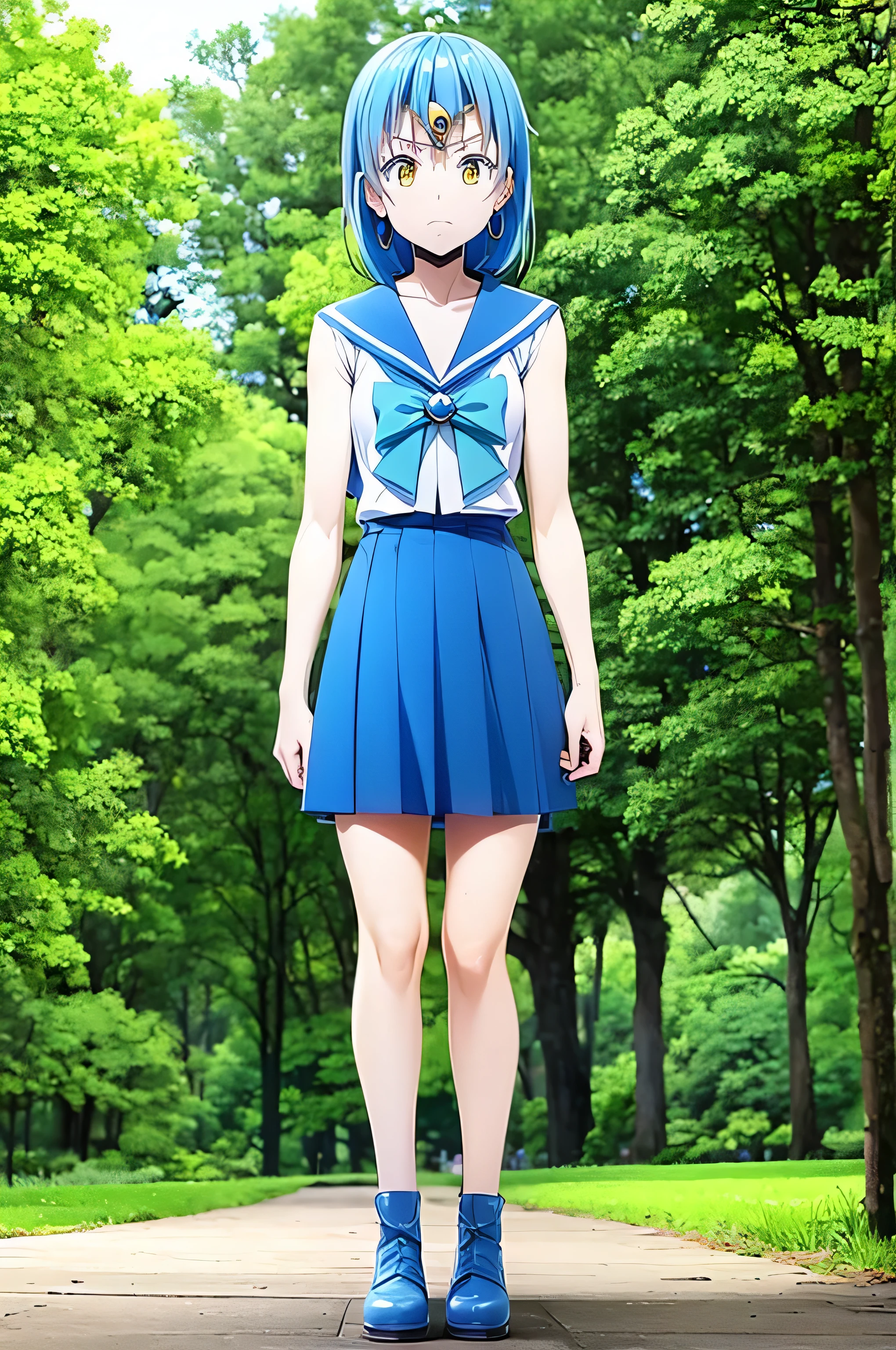 Masseter muscle part, highest quality, 超A high resolution, highest quality, anime style, ((tensura, rimuru, head only)), one person, blue hair, long hair, beautiful face, free pose, sailor mercury＿costume, (sailor mercury,neck ribbon, blue hair, short hair, circlet, jewelry, crescent moon earrings), blue mini skirt, forested background, full body photo, 