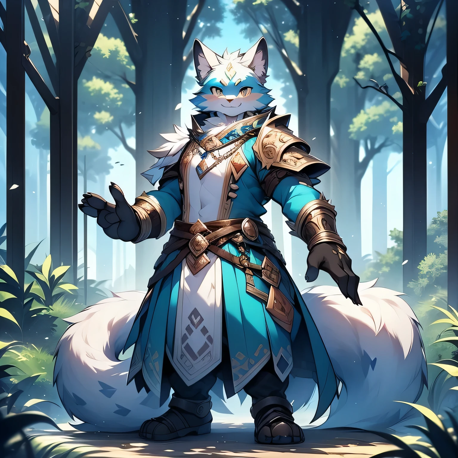 anthropomorphic cat，fluffy fur，Yellow and white patterned fur，Blue patterned fur accents，Handsome，male，alone，masterpiece，super high quality，in the woods，Show teeth when smiling，Full of energy，Rich in details，permanent，perfect，Warrior level