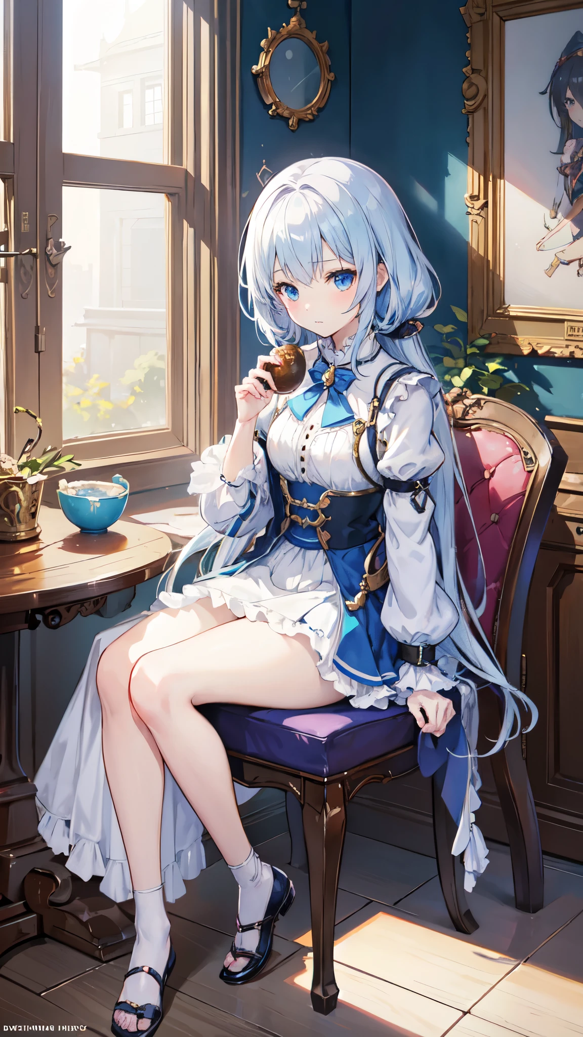 anime girl sitting in chair with a bowl of food in her hand, alchemist girl, light novel cover art, official art, epic light novel art cover, official artwork, epic light novel cover art, , isekai, small curvy , cushart krenz, cushart, cushart krenz key art feminine, shadowverse style, moe
