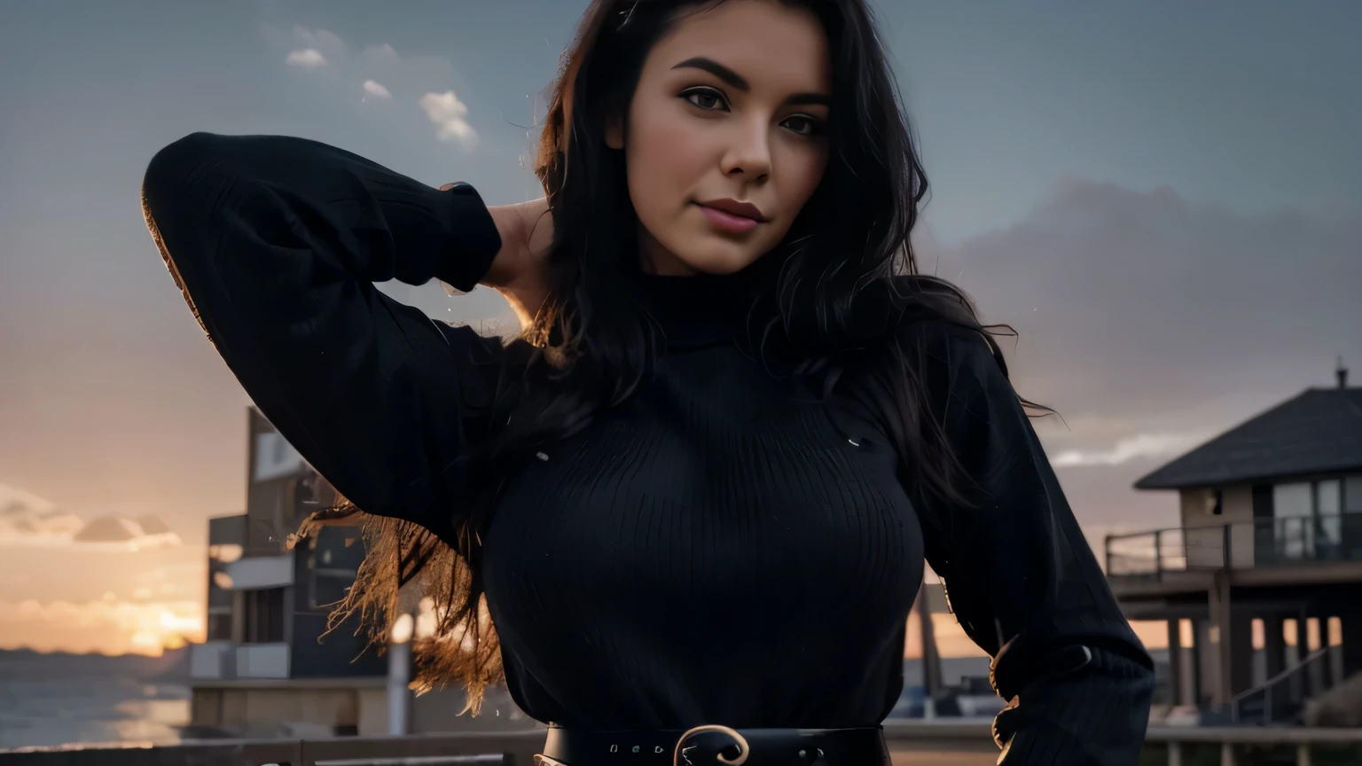 Foreground: a gorgeous Bettie page, age 18, wet wavy black in the wind. she's a men magazine model, She has a subtle smile and flirts with the camera, (she wears casual shirt , black gloves, with a long wool sweater and latex pants with big belt:1.2),background gorgeous modern bedroom, (in sunset light:1.2), perfect eyes, perfect hands, perfect body, perfect hair, perfect breast, hair behind ear, UHD, retina, masterpiece, accurate, anatomically correct, textured skin, super detail, high details, high quality, award winning, best quality, highres, 16k, 8k,