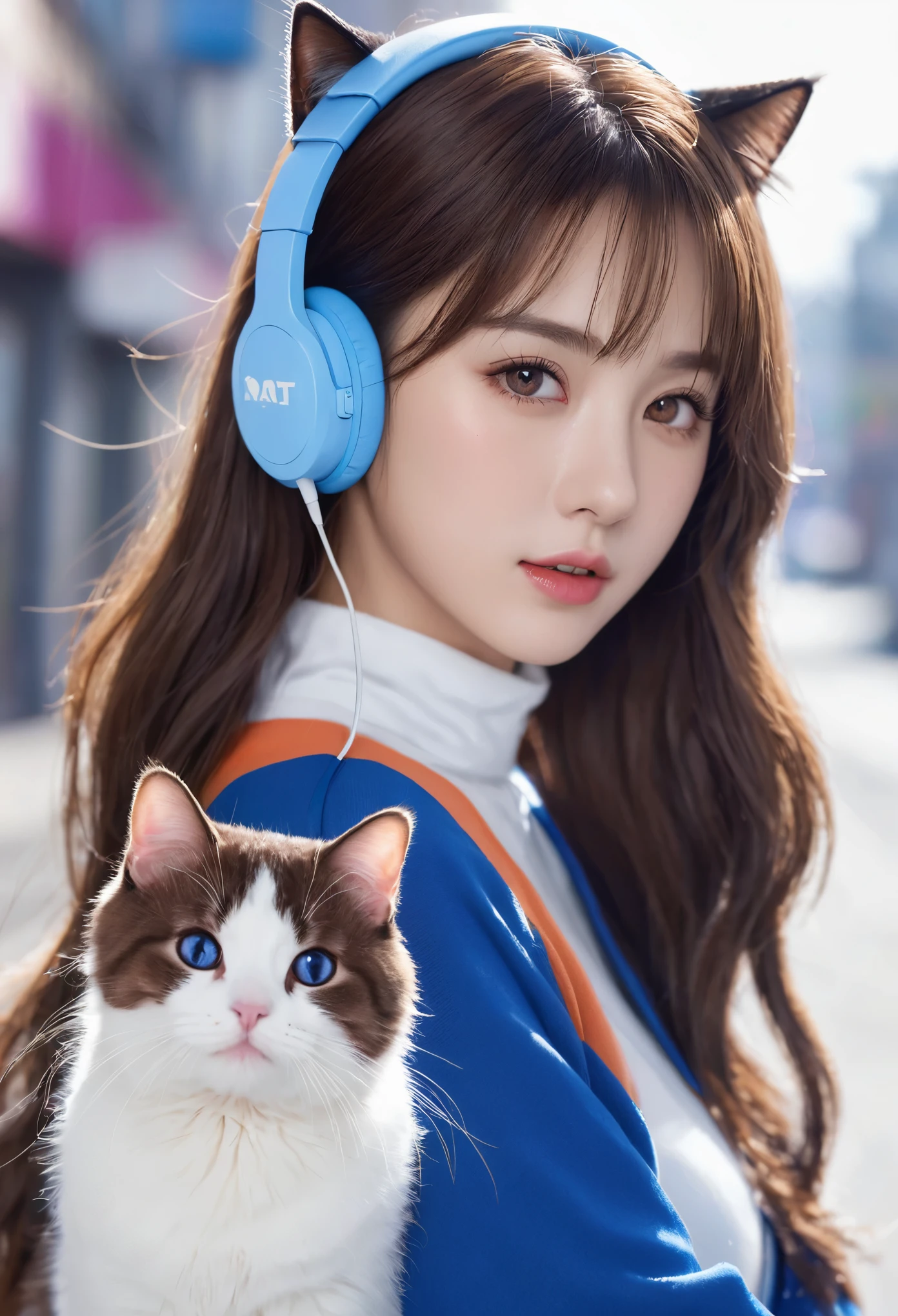 masterpiece, best quality, High resolution, 1 girl, Super High resolution, alone, drive me, D.and, earphone, pink eyes, blue leggings, brown hair, White gloves, cat face decoration,