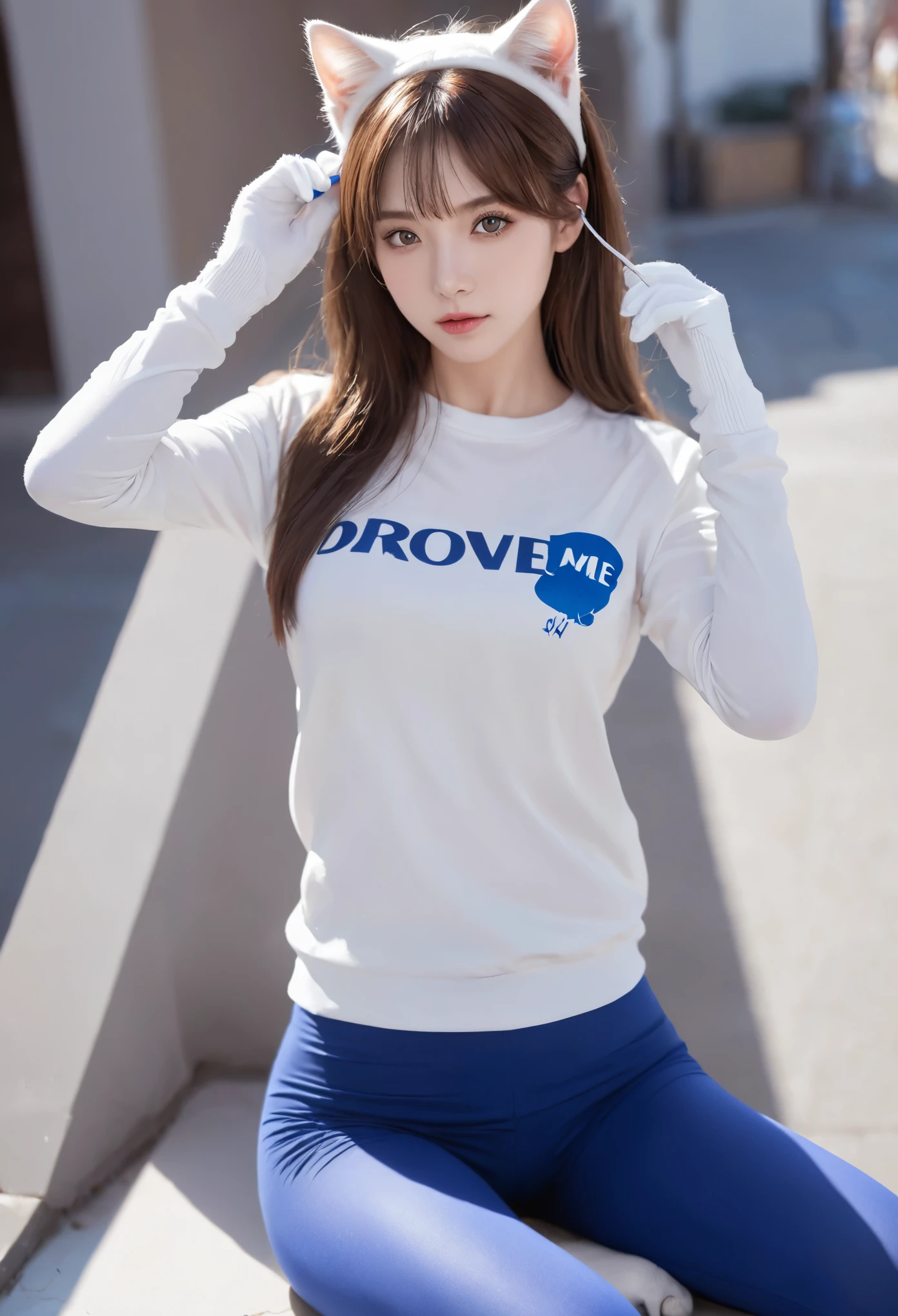 masterpiece, best quality, High resolution, 1 girl, Super High resolution, alone, drive me, D.and, earphone, pink eyes, blue leggings, brown hair, White gloves, cat face decoration,