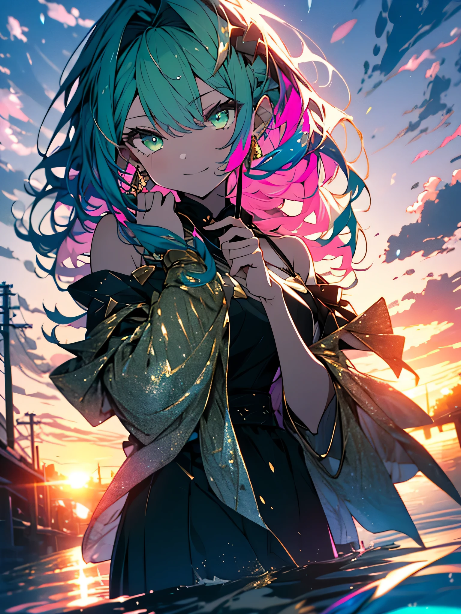 (highest quality、masterpiece、High resolution、be familiar with)、(Shining eyes、be familiar with美しい顔)、8K、(1 girl), (rainbow colored hair, colorful hair, half green and half pink hair: 1.2), 17 years old, green_null, I have a magic wand, summer , petal_On top of that_liquid, black cloak, red and black torn dress, skirt: 1.2, (gold lOn top of thatg curly hair: 1.5), null, outdoor, cloud, bangs, smile, null green eyes, bare shoulders, perfect hands, hand details, repaired finger. earrings, Ocean + background, looking for_in_viewer, cowboy shot, highest quality, Rich details, perfect image quality, sunrise