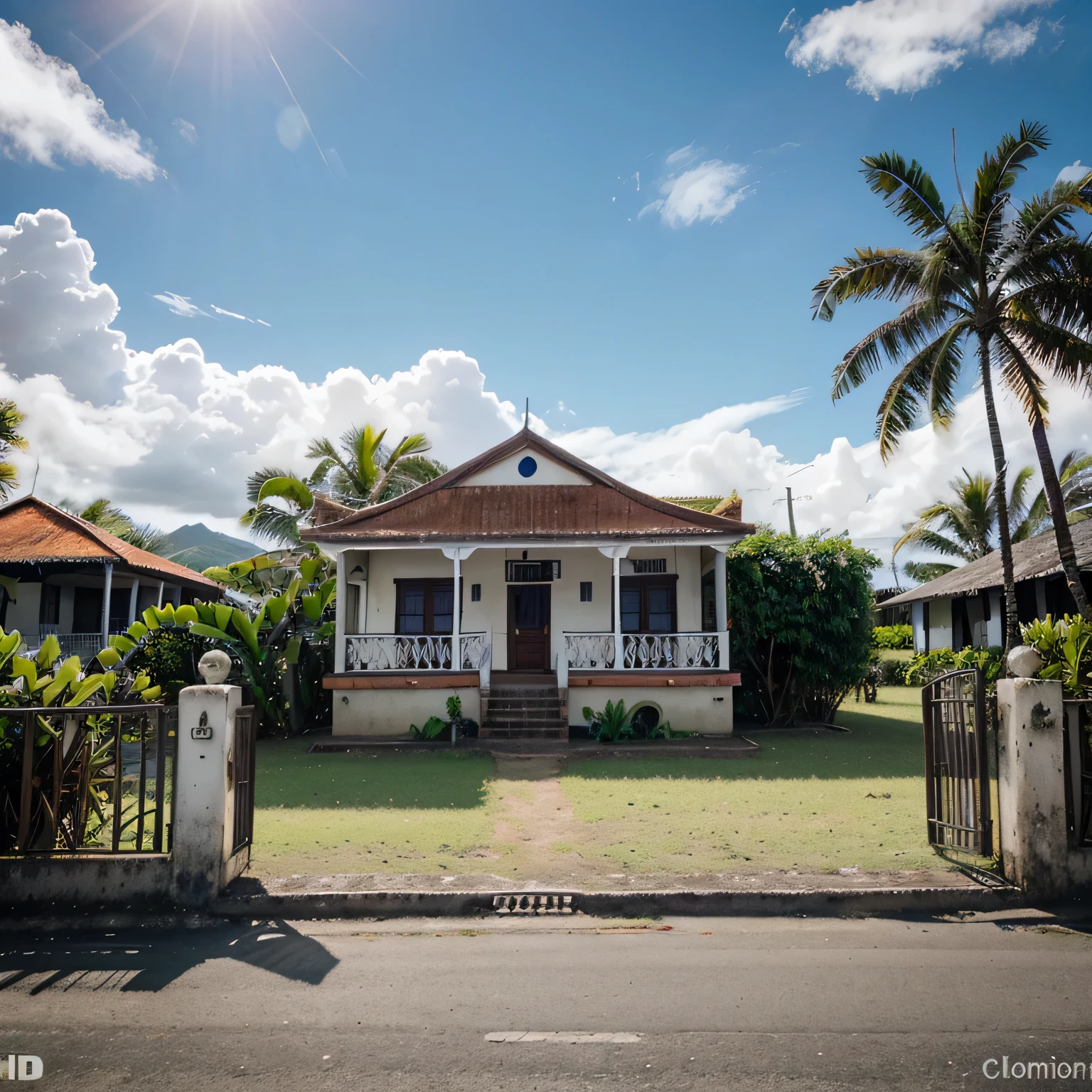 a Creole house in Reunion. background, champs de canne à sucre. Flamboyants. high definition color. Fujifilm.