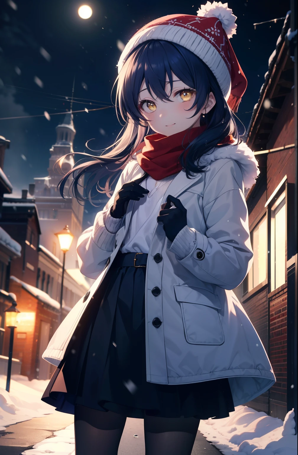 you are so kind, umi sonoda, long hair, blue hair, (yellow eyes:1.5) (flat chest:1.2),smile,blush knit hat,Blue fluffy long coat, blue fluffy gloves,sweater, long skirt,black pantyhose,short boots,red orange scarf,snow is falling,It&#39;s snowing,moon,moon光、
break looking at viewer,
break outdoors, In town,residential street,
break (masterpiece:1.2), highest quality, High resolution, unity 8k wallpaper, (figure:0.8), (detailed and beautiful eyes:1.6), highly detailed face, perfect lighting, Very detailed CG, (perfect hands, perfect anatomy),