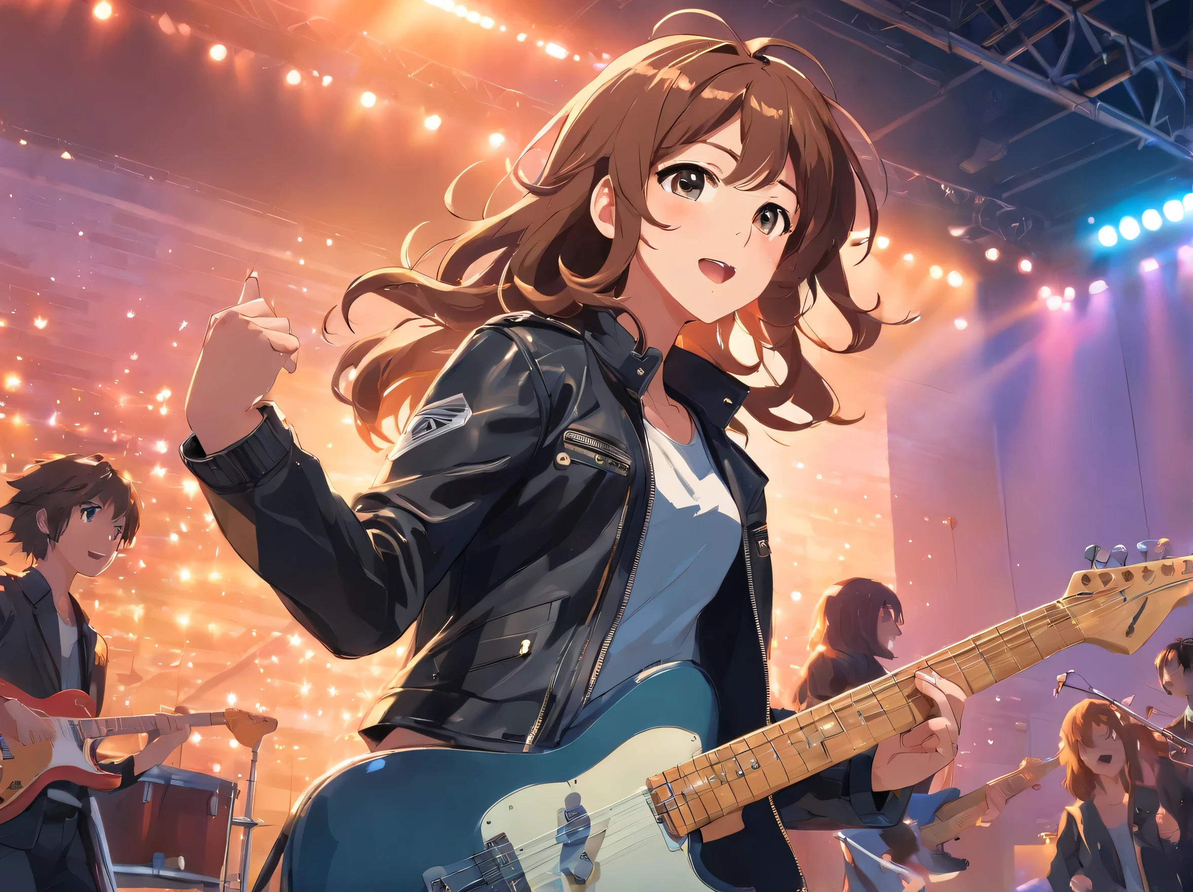 stage、room、5 member girl band、metal band、Wonderful expression with attention to detail、All have long brown curly hair、Black leather jacket、Performance scene at a live house