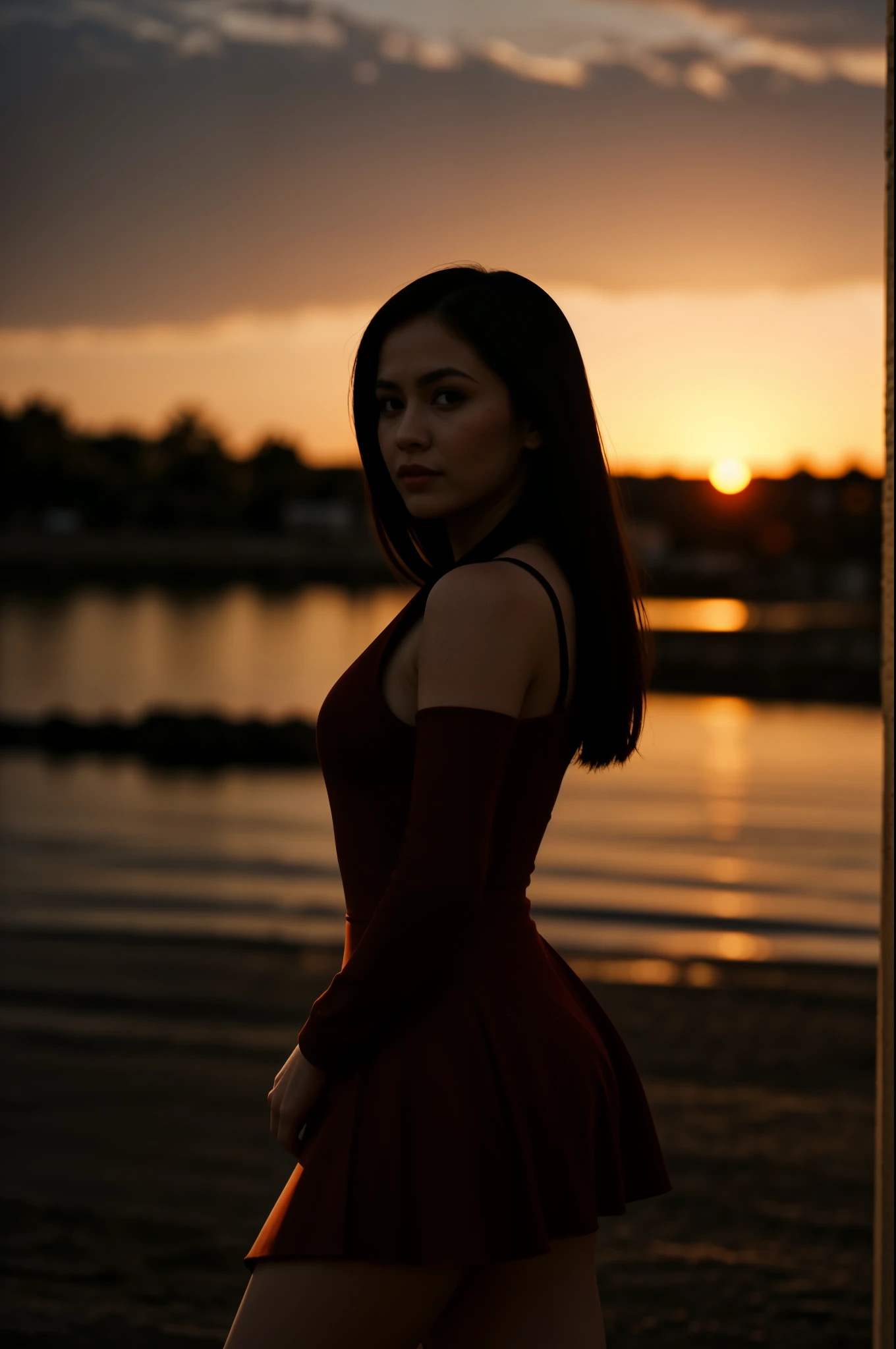 dvArchModern, 85mm, f1.8, portrait, photo realistic, hyperrealistic, orante, super detailed, intricate, dramatic, sunset lighting, shadows, high dynamic range