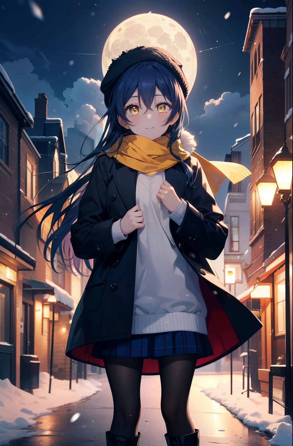 you are so kind, umi sonoda, long hair, blue hair, (yellow eyes:1.5) (flat chest:1.2),smile,blush knit hat,Blue fluffy long coat　Closing the front, I put my hands in my coat pockets,sweater, long skirt,black pantyhose,short boots,red orange scarf,snow is falling,It&#39;s snowing,moon,moon光、
break looking at viewer,
break outdoors, In town,residential street,
break (masterpiece:1.2), highest quality, High resolution, unity 8k wallpaper, (figure:0.8), (detailed and beautiful eyes:1.6), highly detailed face, perfect lighting, Very detailed CG, (perfect hands, perfect anatomy),