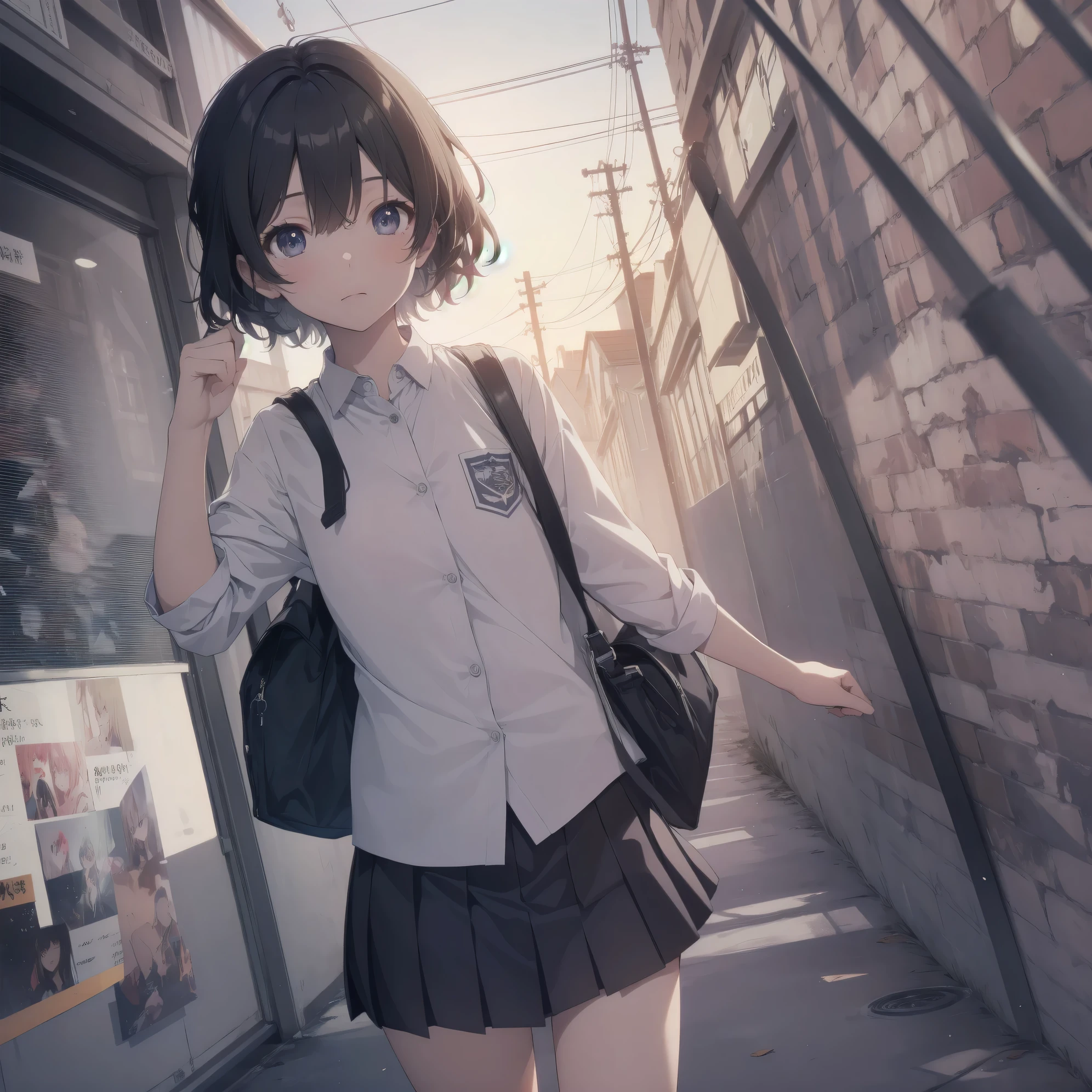 Super Absurd - Top Quality from the God of Art, Super detailed, High resolution, anime moe art style, cute girl portrait, best anime 8K konachan wallpaper, Pixiv contest winners, perfect anatomy,break, (眠そうにalone学校へ行く女の子を描いてください. )break,1 girl, (alone,little woman, 13 years old:1.3),All limbs, full finger,, The charm of an immature body, (very_short hair), shortcut, Bang, flat chest, , small ass, between legs, small black eyes, detailed and beautiful eyes, Well-proportioned iris and pupils, expressive eyes, High resolutionの詳細な髪, yawn, neck ribbon, shirt, collared shirt, skirt, pleated skirt, , (detailed lighting), (detailed background), On the way to school. break,super dense skin, Best cinematic lighting powered by famous artist, 8K,Beauty Illustration,photoshop_(Moderate),Absurd Hi-Res,UHD,rough skin,break,((artist:imigimuru)), artist:mifuru,artist:shinkai makoto,artist:sekiya asami,