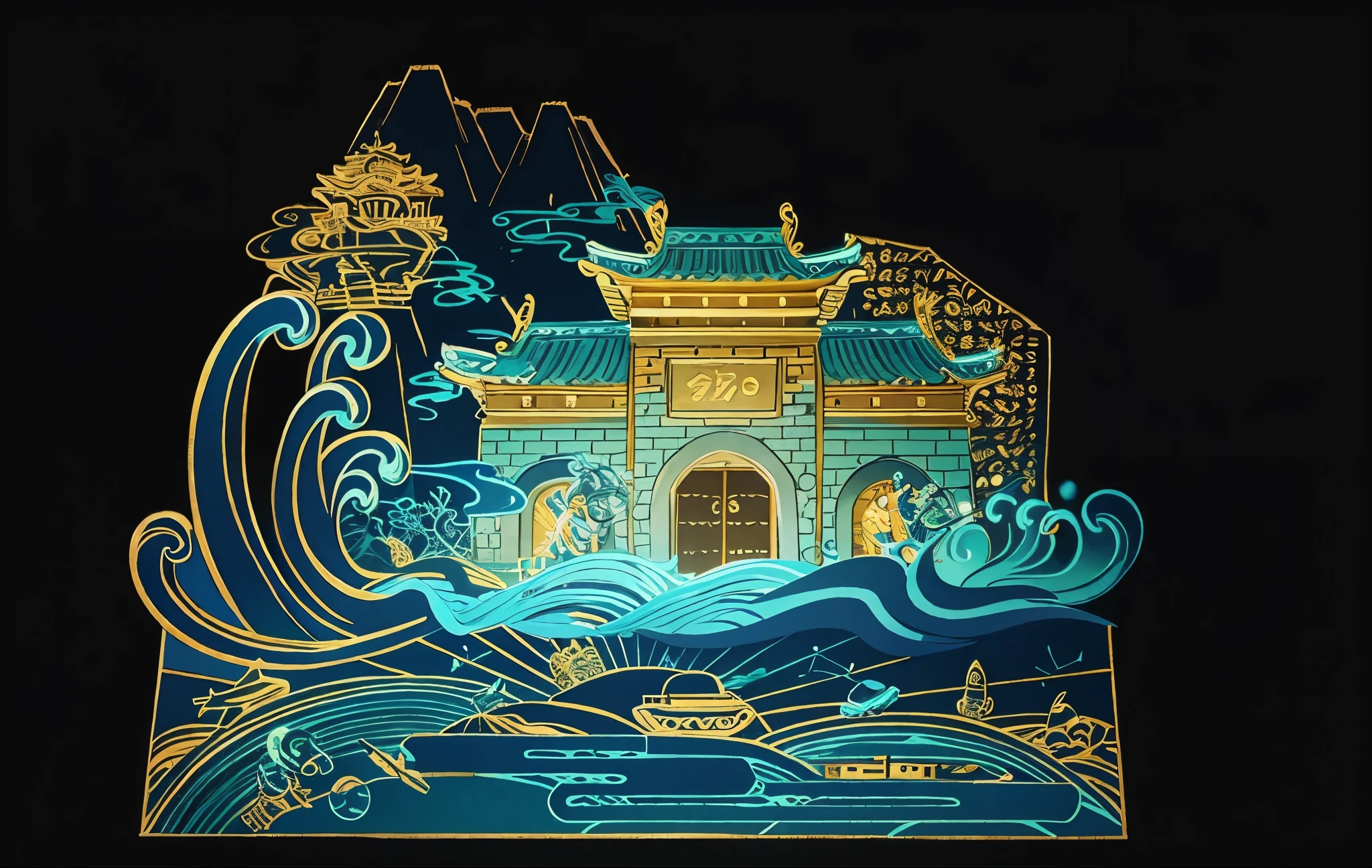 temple built on the sea,Yamakawa background,cyan blue and light gold,illustration style,high quality,high detail