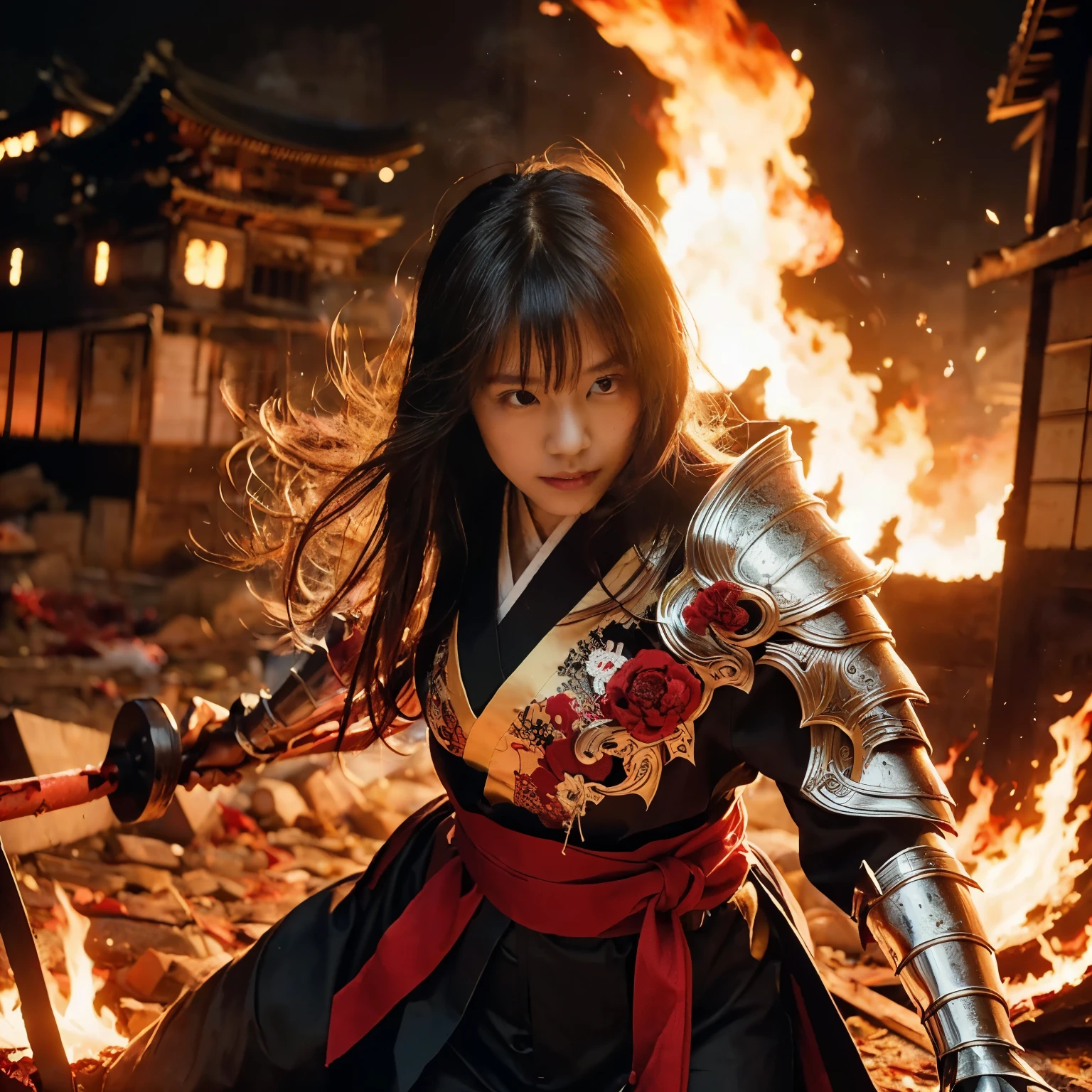 (((Realistic, masterpiece, best quality, crisp detail, high definition, high detail, sharp focus, perfect studio lightning))), 20 years old assassin,((( in the middle of a war, kasumi arimura, fighting stance))), wearing (((fully decorated golden armor, armored kimono, blood scattered, blood bath, blood shed))), fighting stance, dirty, sweating, blood scattered, bloodbath, carnage, fire everywhere, smoke everywhere, blood everywhere, death everywhere, japan bakumatsu period, (((dead bodies,carcass, ,fire,smoke,burned japanese castle village,hell) traditional village background)