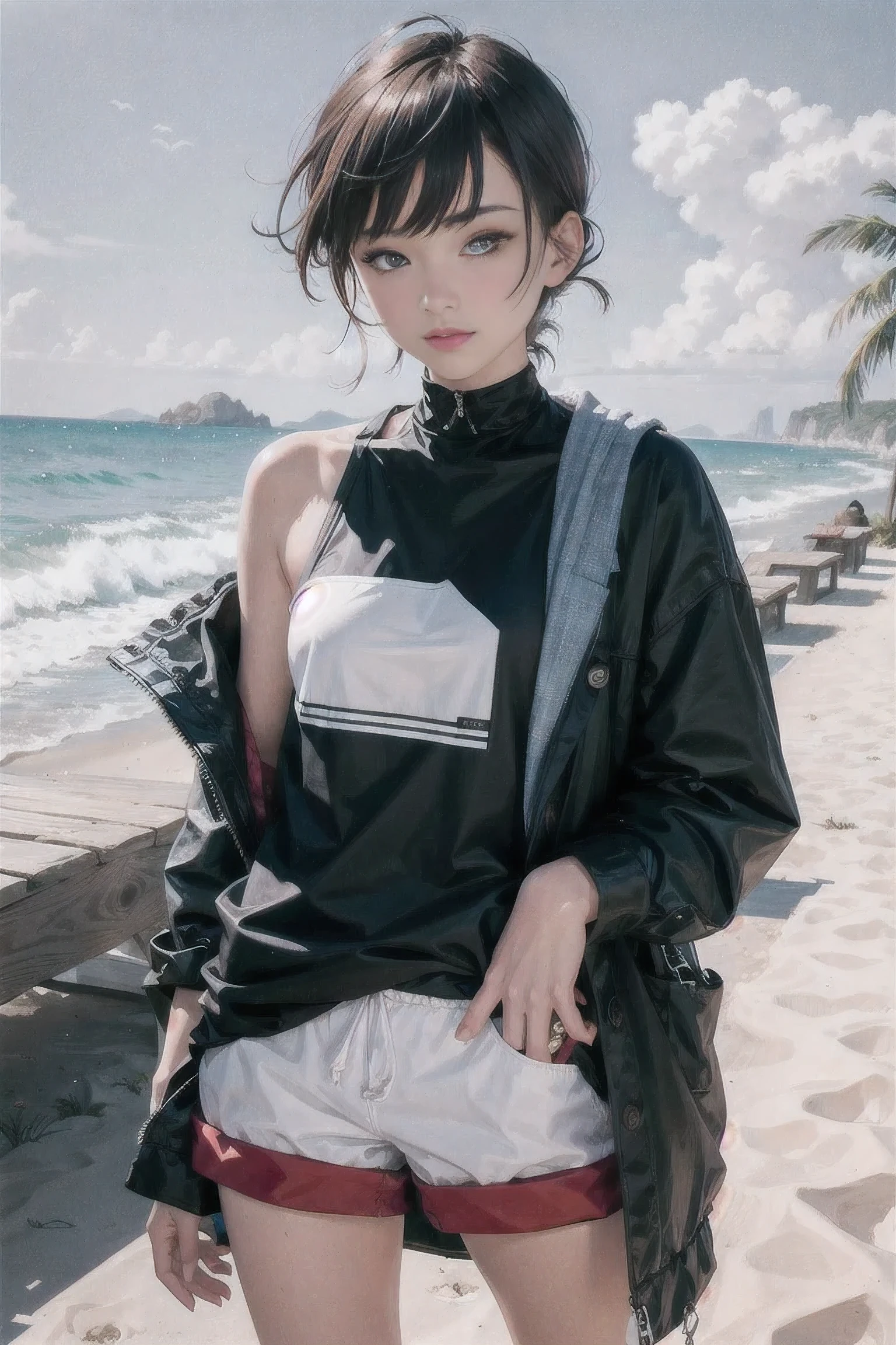 Handsome tomboy ,loose clothing;, beach