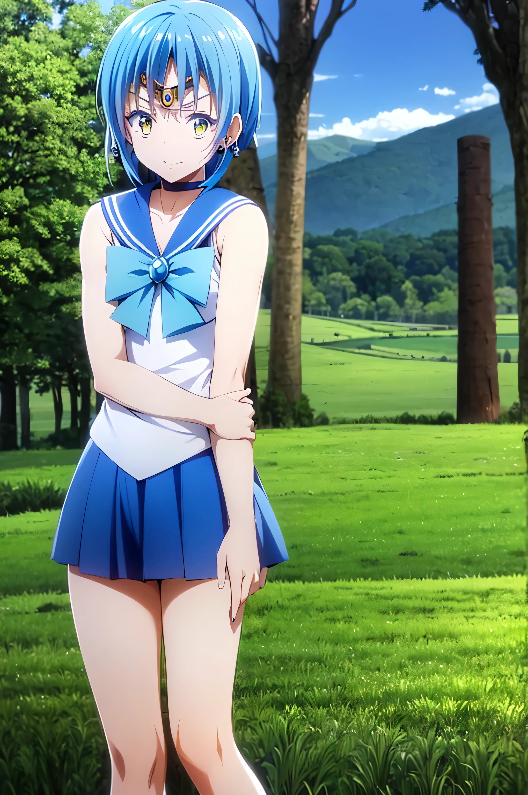 Masseter muscle part, highest quality, 超A high resolution, highest quality, anime style, ((tensura, rimuru, head only)), one person, blue hair, long hair, beautiful face, Decisive pose, sailor mercury_costume, (sailor mercury,neck ribbon, blue hair, short hair, circlet, jewelry, crescent moon earrings), blue mini skirt, forested background, full body photo,