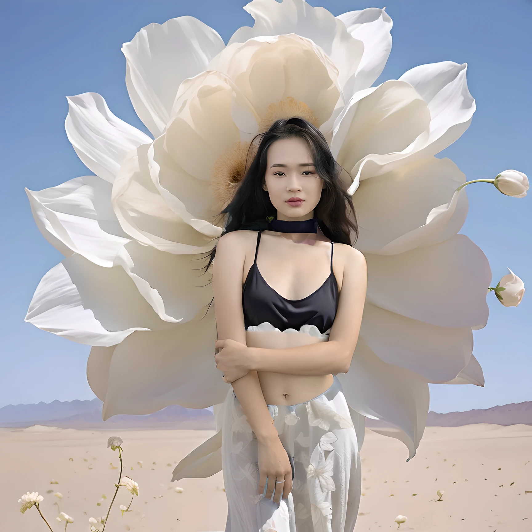 skirt，personal，white skirt，black hair，flowers，arms at sides，looking at the audience，blue sky，stand，short sleeves，Sky，outdoor，Long hair fluttered