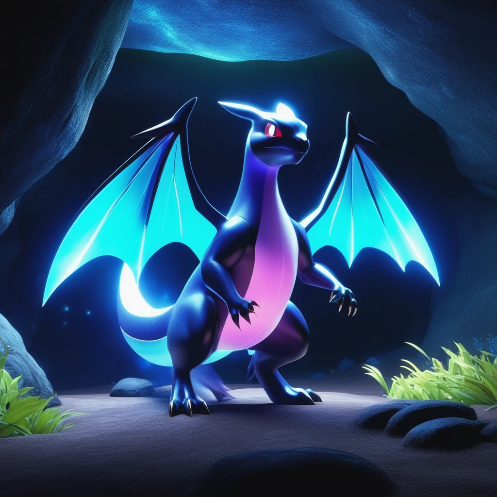 Breathtaking ultra-detailed 32k digital concept art of a Pokemon undergoing a glowing transformation inside a pitch-black cave, bathed in an unbelievably bright, magical light, the illumination showcasing each meticulously designed detail, the Pokemon's form shimmering with iridescent and luminescent scales, with Unreal Engine's stunningly realistic render, a pure display of divine energy and mythical beauty. High Resolution, High Quality, Masterpiece. best quality, masterpiece, super detail
