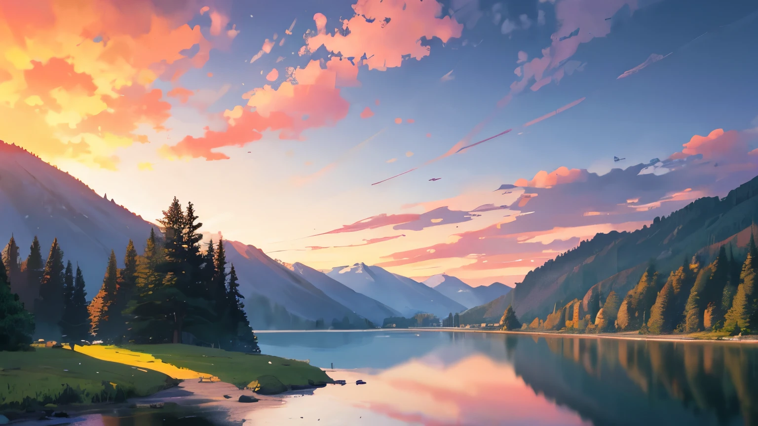 A serene mountain landscape with a vibrant sunrise over a calm lake