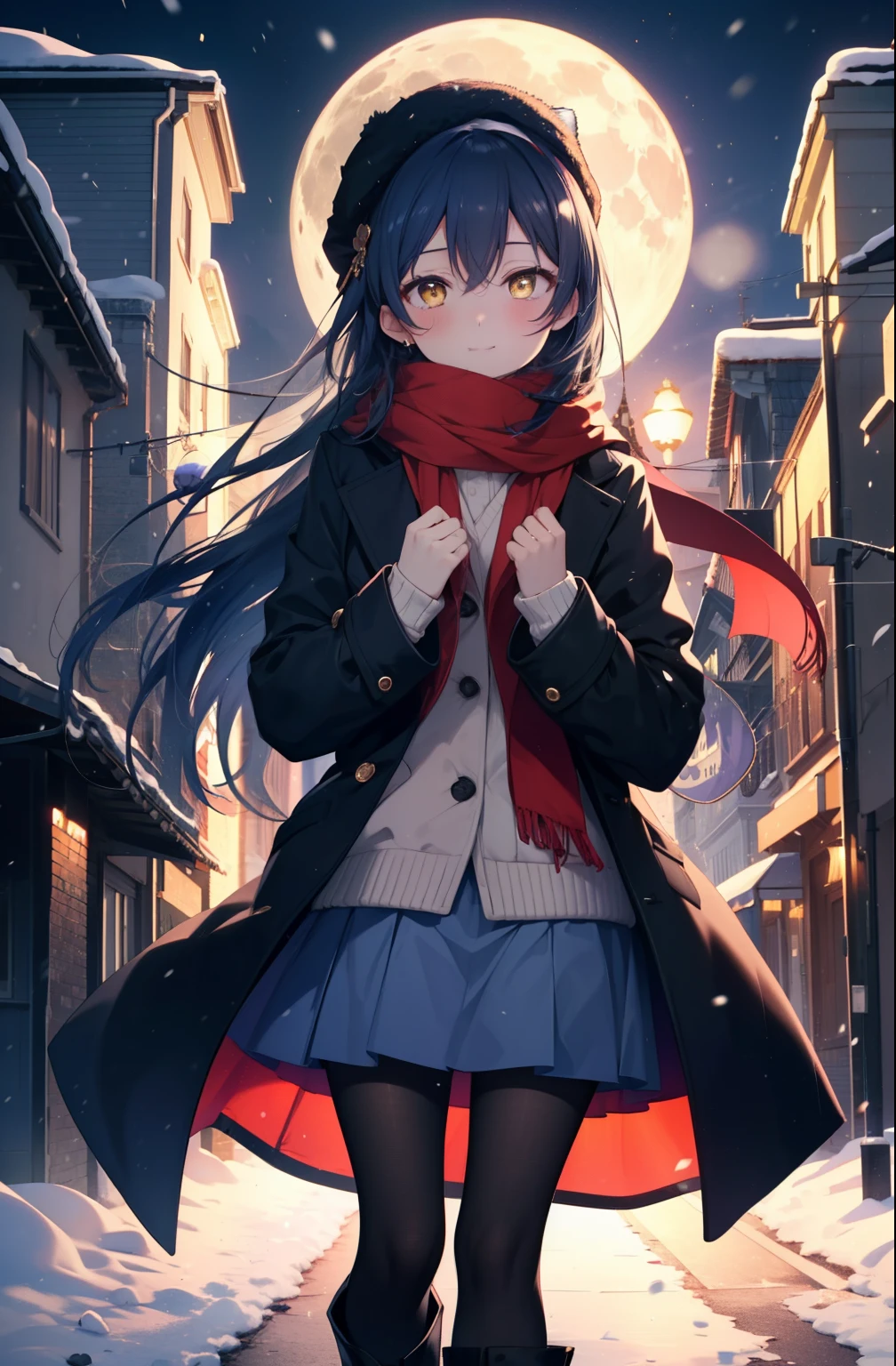 you are so kind, umi sonoda, long hair, blue hair, (yellow eyes:1.5) (flat chest:1.2),smile,blush knit hat,Blue fluffy long coat　Closing the front, I put my hands in my coat pockets,sweater, long skirt,black pantyhose,short boots,red orange scarf,snow is falling,It&#39;s snowing,moon,moon光、
break looking at viewer,
break outdoors, In town,residential street,
break (masterpiece:1.2), highest quality, High resolution, unity 8k wallpaper, (figure:0.8), (detailed and beautiful eyes:1.6), highly detailed face, perfect lighting, Very detailed CG, (perfect hands, perfect anatomy),