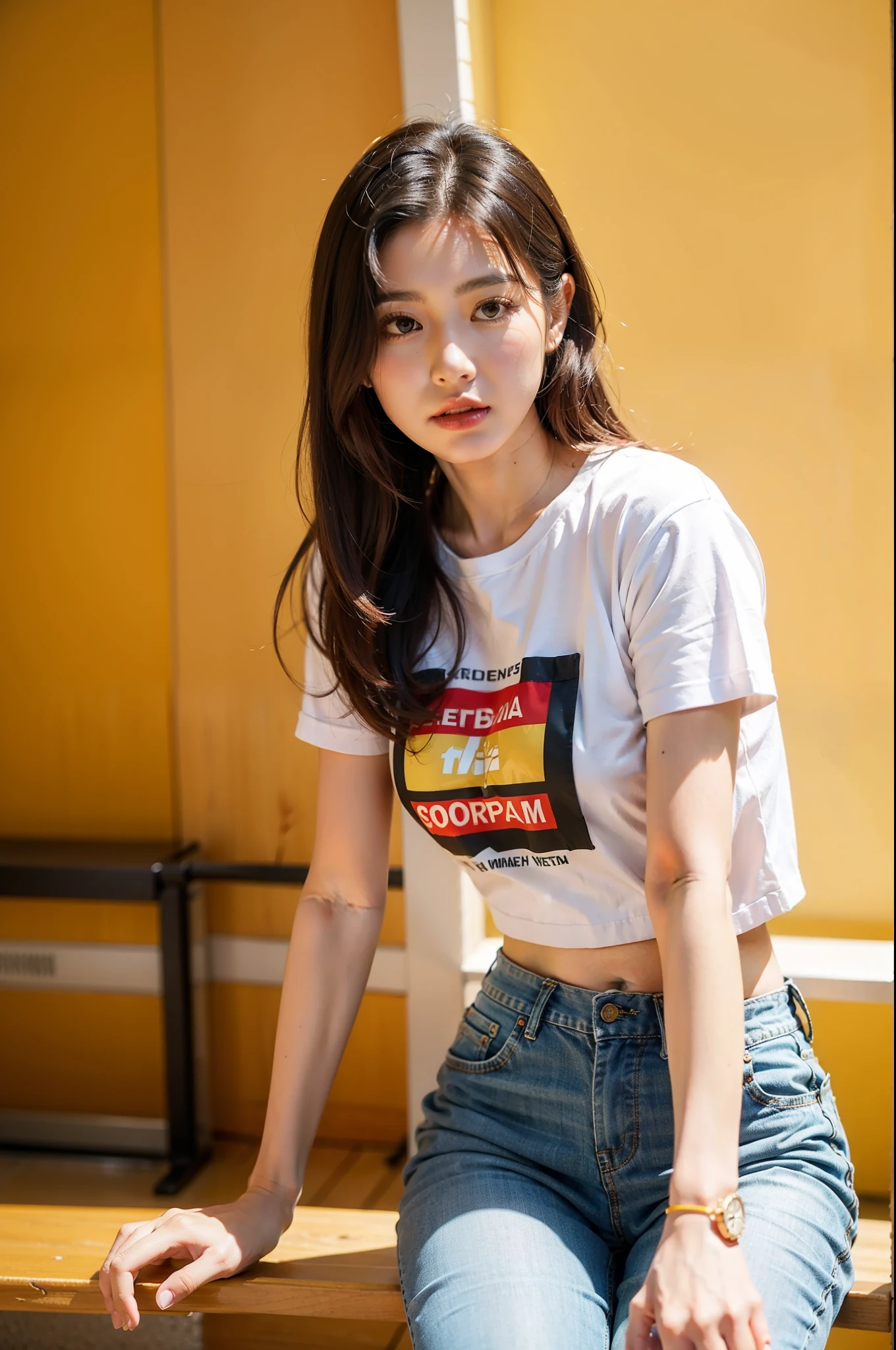 Araffed woman sitting on bench in room with yellow walls, official product image, A torn cropped t-shirt, casual style, short sleeve, korean beauty, different actions, 