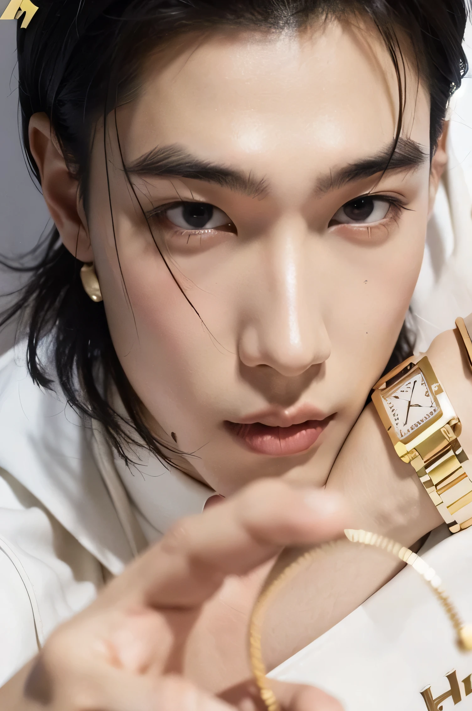 un primer plano de una persona sosteniendo un reloj y una revista, Cai Xu Kun, estilo cartier, Won Bin Lee, Cartier, dior campaign, delicate androgynous prince, steven jung, Lulu Chen, kim taejin, Jung Jaehyun, beautiful androgynous prince, editorial oficial dior, an epic non-binary model, editorial oficial de vuitton, jingna zhang