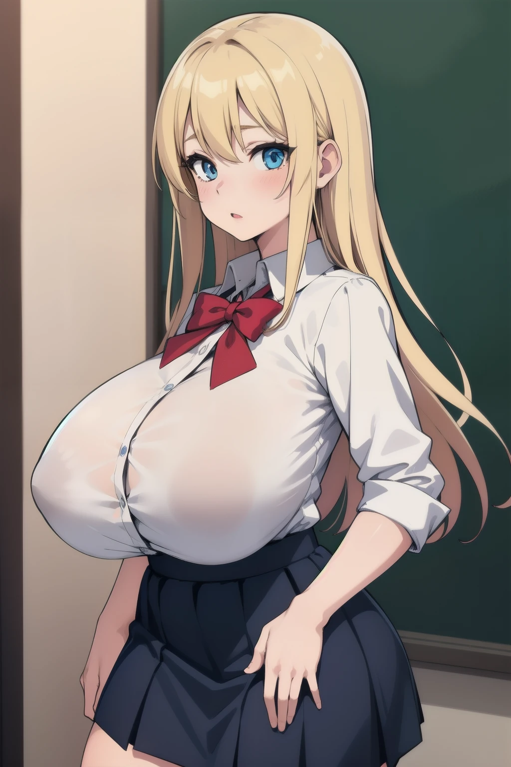 masterpiece, best quality,1girl,blonde hair, blue eyes, (huge breasts),sagging breasts, breasts apart, school uniforms, short skirt ,cowboy shot