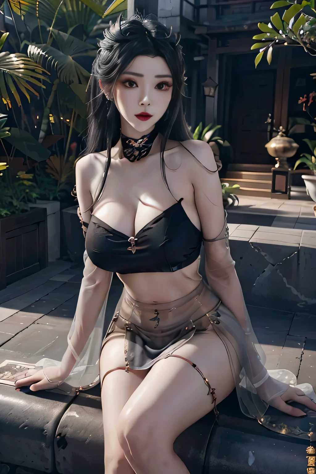 Ink milk tea gray hair princess cut hairstyle,big eyes,long eyelashes,big eyes,long eyelashes,Translucent leaky white irregular skirt,mini skirt,Two-piece set highlights bust,red lips,long legs,black dragon tattoo,Arm and Thigh Tattoos,sideways,Outdoor seaside