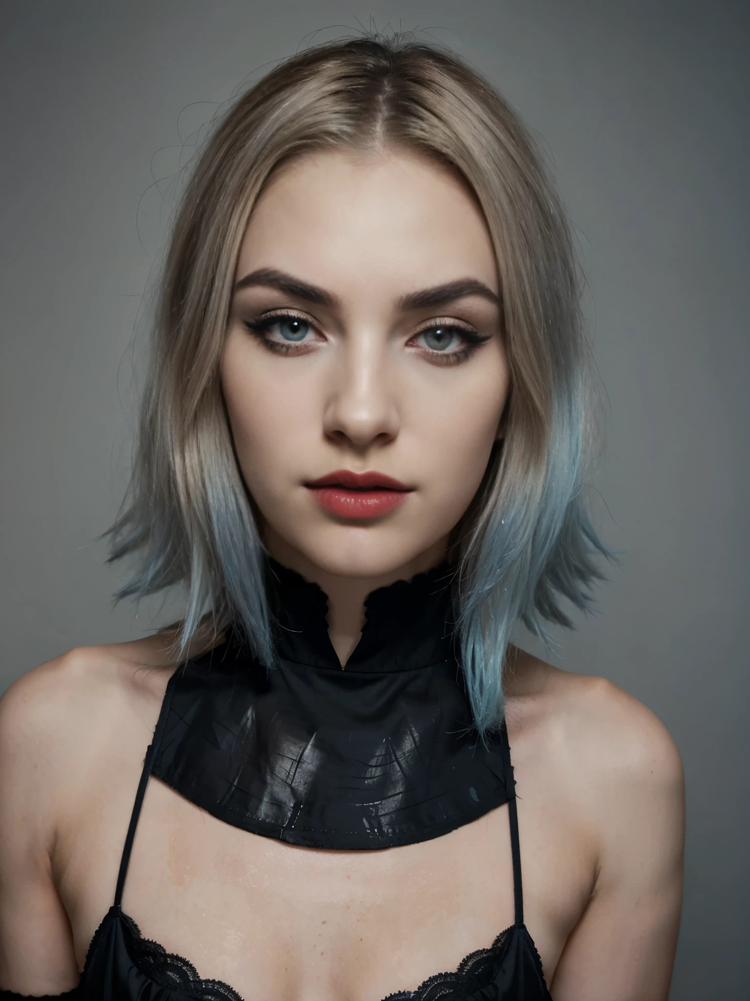 large photo, fullbody picture, stunning, pale skin, gorgeous, european face traits, sensual lips, front view, deep  black eye liner makeup, marked jawline, perfect anatomy, bushy eyebrows,  wide eyebrows, square jaw, deep look, very black eye shadows makeup, makeup, black makeup, red lips, very bushy eyebrows, light blue eyes, long eyelashes, half blonde hair, half light blue hair, short hair,  bob cuthair, black dress