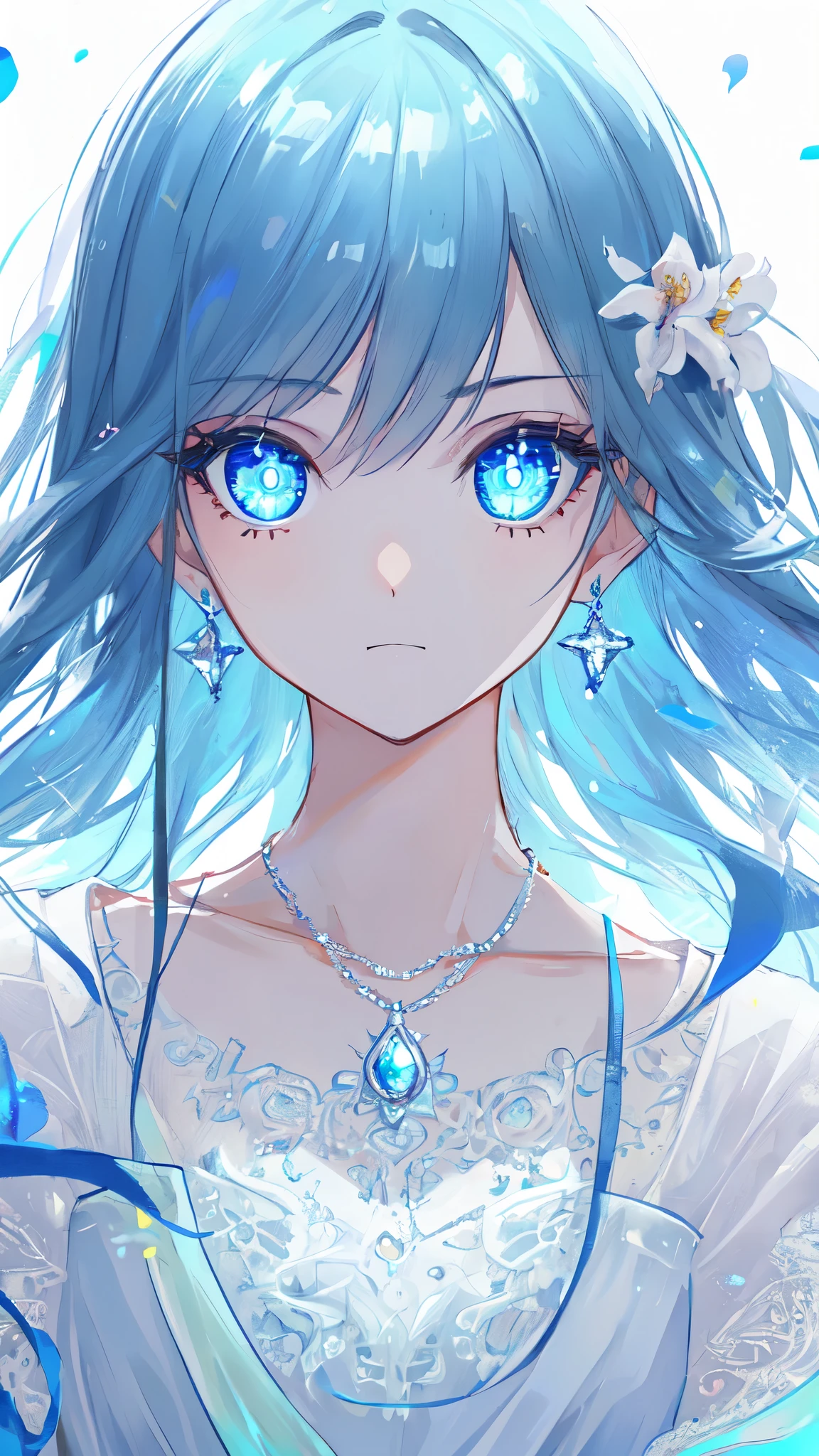masterpiece, best quality, illustration, sax blue, platinum earrings, platinum necklace, white dress, 1girl, cute, (dynamic lighting:1.2), cinematic lighting, delicate facial features, detailed eyes, sharp pupils, realistic pupils, depth of field, bokeh, sharp focus, (hyper-detailed, bloom, glow:1.4), many small gems