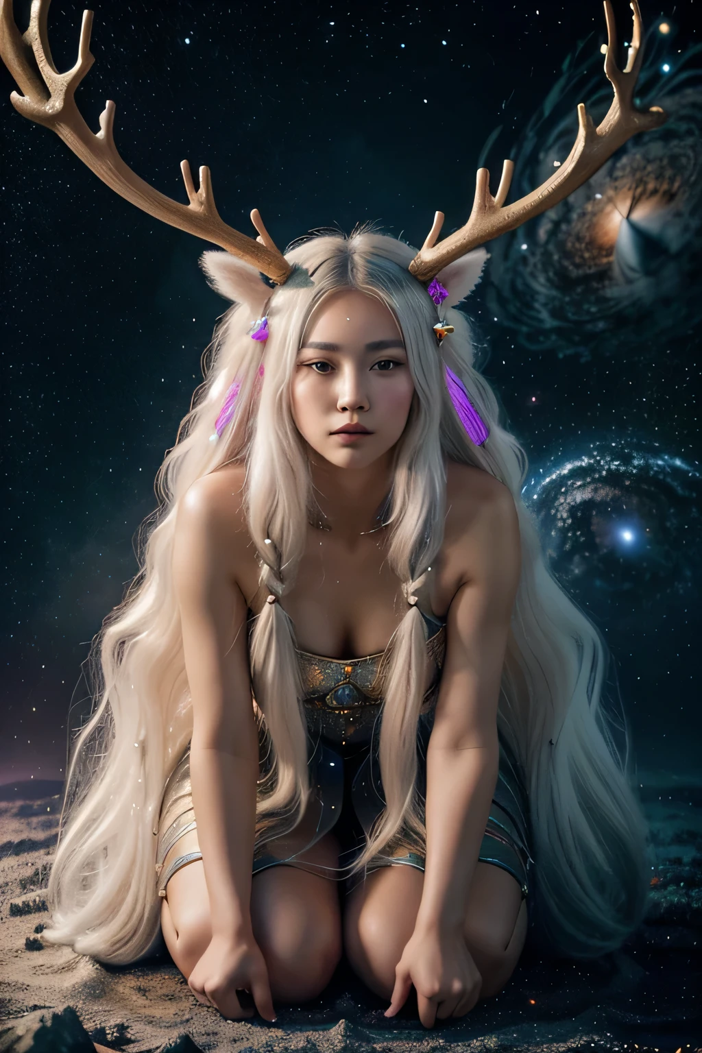  (One woman, thirty years old.) - hyperrealistic image, (extremely detailed), Best quality, An image of an extremely beautiful goddess, With a captivating half-Korean face, Her long, radiant white hair cascades down to her waist, A large, majestic reindeer antler sprouts gracefully from her shapely forehead. The Goddess kneels humbly in the stardust of the galaxy, meditating in the star nebula and absorbing the consciousness of every living being in the galaxy.