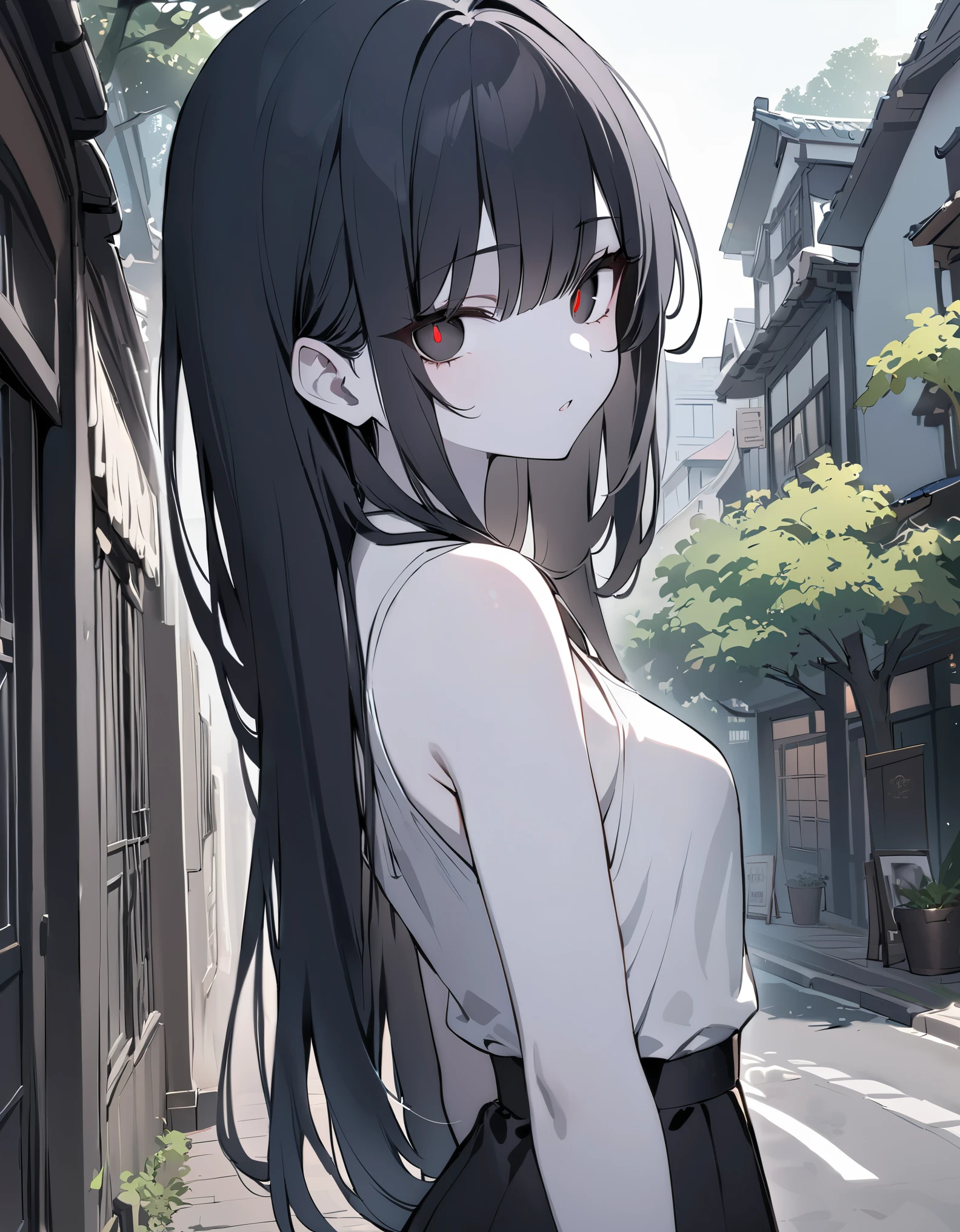 detailed, (masterpiece:1.2), (pale_skin:1.2), (solo:1.2), (female), slender, (glowing_eyes), long hair, bangs, black hair, outdoors, sleeveless, black eyes, tree, building, road