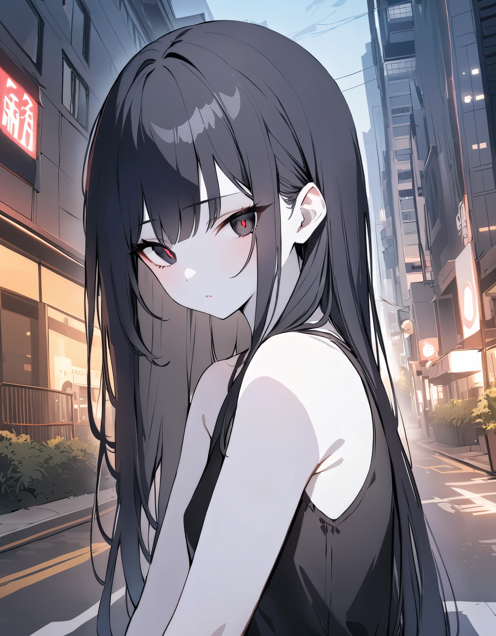 detailed, (masterpiece:1.2), (pale_skin:1.2), (solo:1.2), (female), slender, (glowing_eyes), long hair, bangs, black hair, outdoors, sleeveless, black eyes, tree, building, road