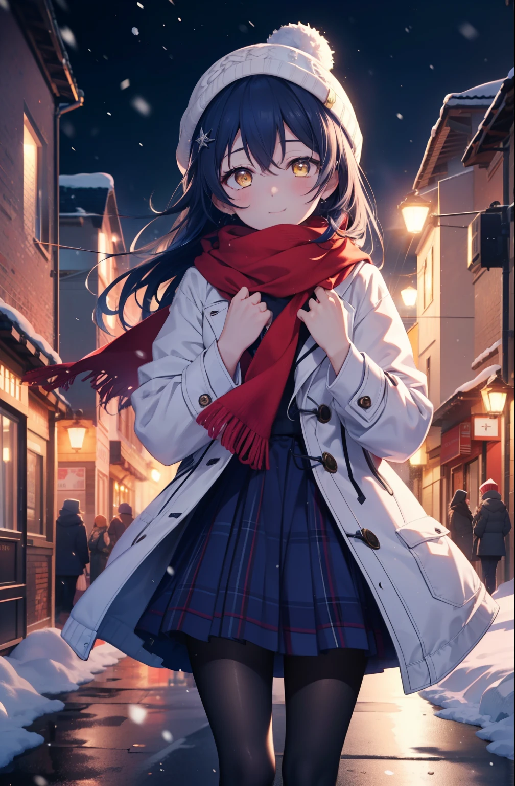 you are so kind, umi sonoda, long hair, blue hair, (yellow eyes:1.5) (flat chest:1.2),smile,blush knit hat,Blue fluffy long coat Closing the front, I put my hands in my coat pockets,sweater, long skirt,black pantyhose,short boots,red orange scarf,snow is falling,It's snowing,moon,moon光、
break looking at viewer,
break outdoors, In town,residential street,
break (masterpiece:1.2), highest quality, High resolution, unity 8k wallpaper, (figure:0.8), (detailed and beautiful eyes:1.6), highly detailed face, perfect lighting, Very detailed CG, (perfect hands, perfect anatomy),