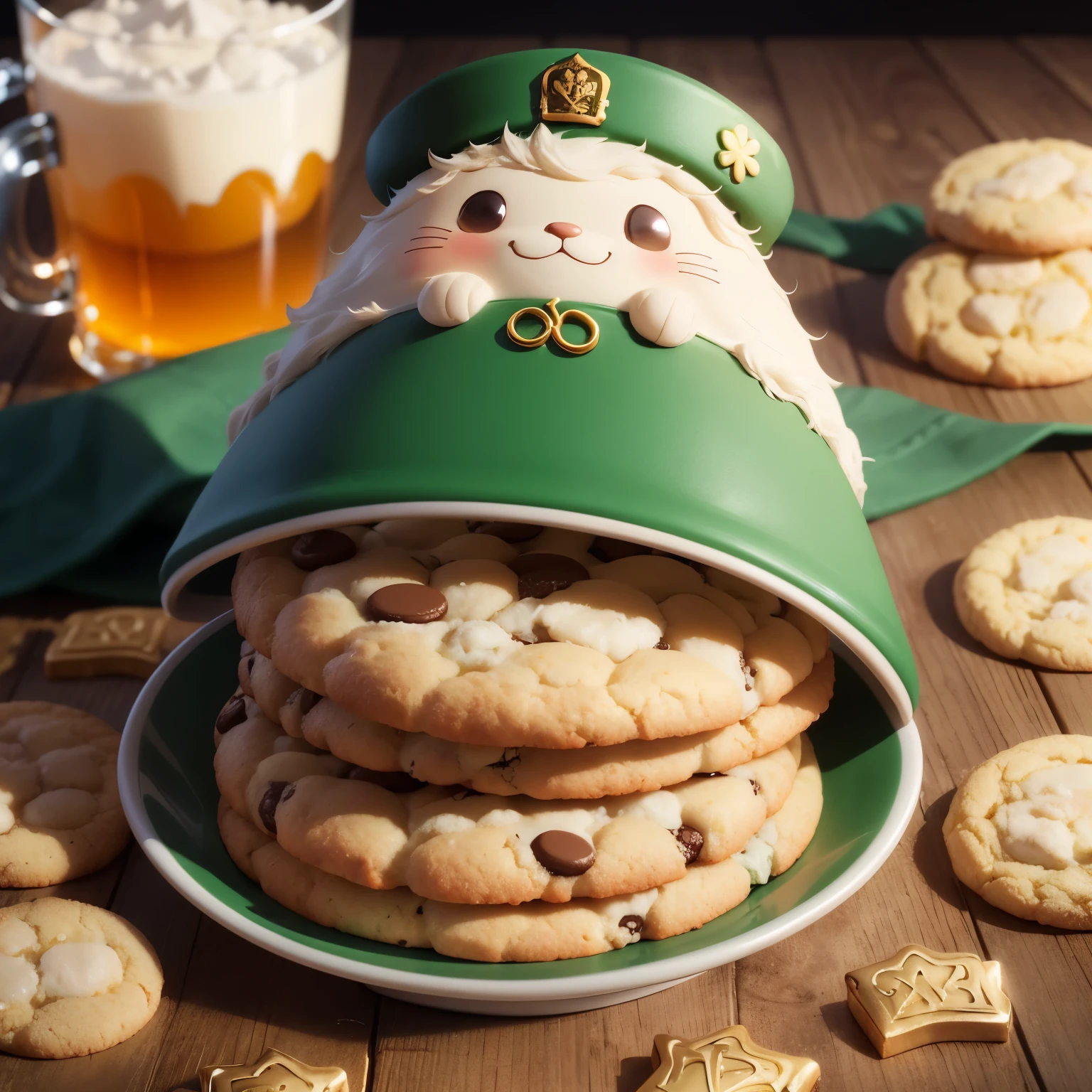 Make a logo that says "IRA Cookies": A playful and inviting design featuring a charming Irish leprechaun holding a golden cookie tray filled with scrumptious, oversized cookies. The Irish theme is accentuated by shamrocks and gold accents throughout the logo, creating a memorable and delightful representation of IRA Cookies.