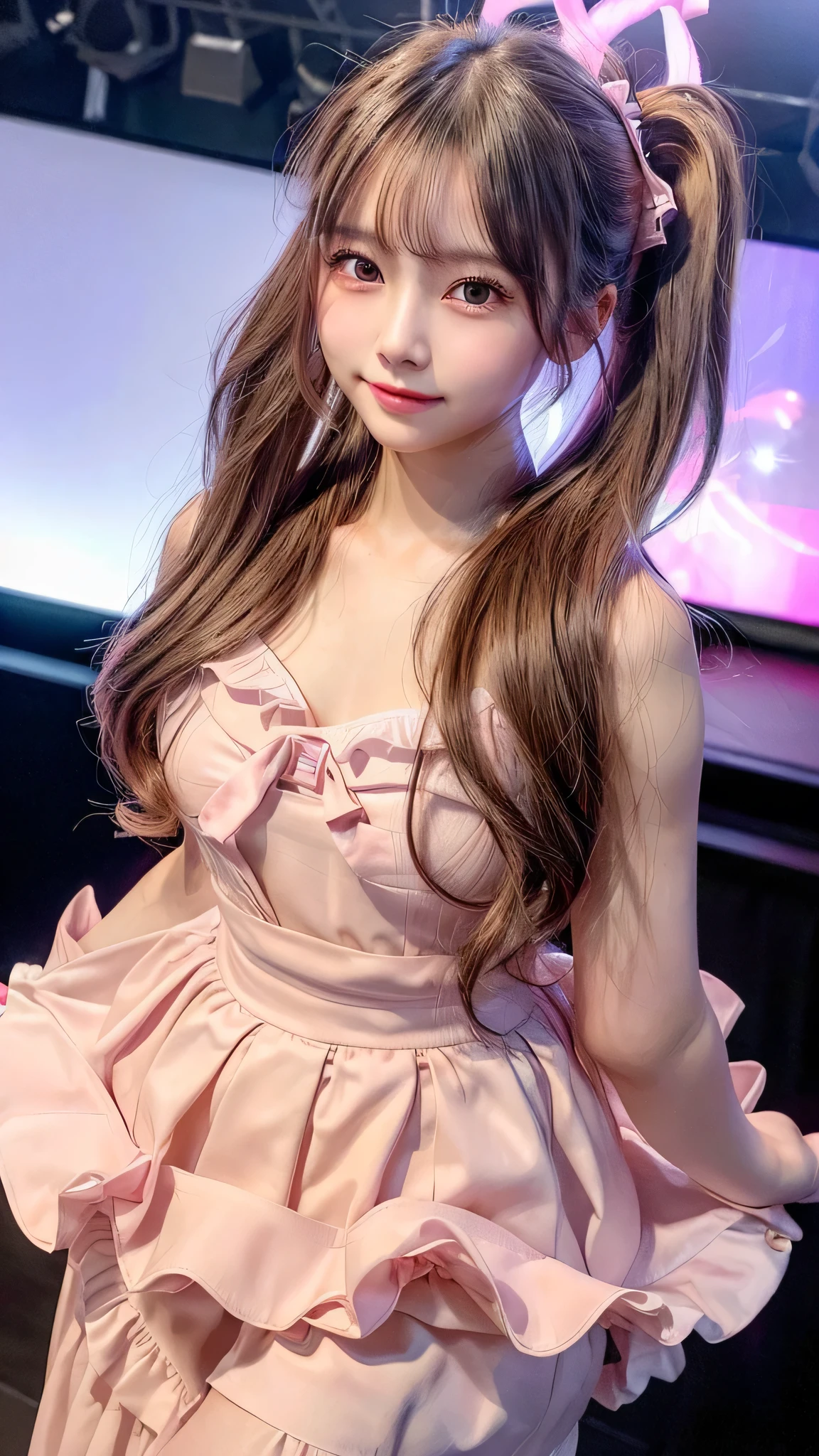 blush,small breasts,14 years old,long hair ponytail,on stage,Are standing,((8K, Raw photo, highest quality, pieces fly:1.2), (reality, realistic:1.4), (Highly detailed 8K wallpaper), written boundary depth, cinematic lighting, soft light, Details beauty eye,Shiny and smooth light brown ponytail, asymmetrical bangs, shiny skin, super dense skin ,High resolution, high detail, detailed hairstyle, Detailed beauty faces, hyper real, perfect limbs, perfect anatomy ,1 Japanese girl,famous japanese idol, perfect female body,shy smile,short eyelashes,double eyelid,look straight here,Hair style is ponytail、Long pink dress with lots of frills, soft shaped skirt, standing on stage,pink ribbon on head,She is wearing a long skirt with lots of frills..,neat clothes