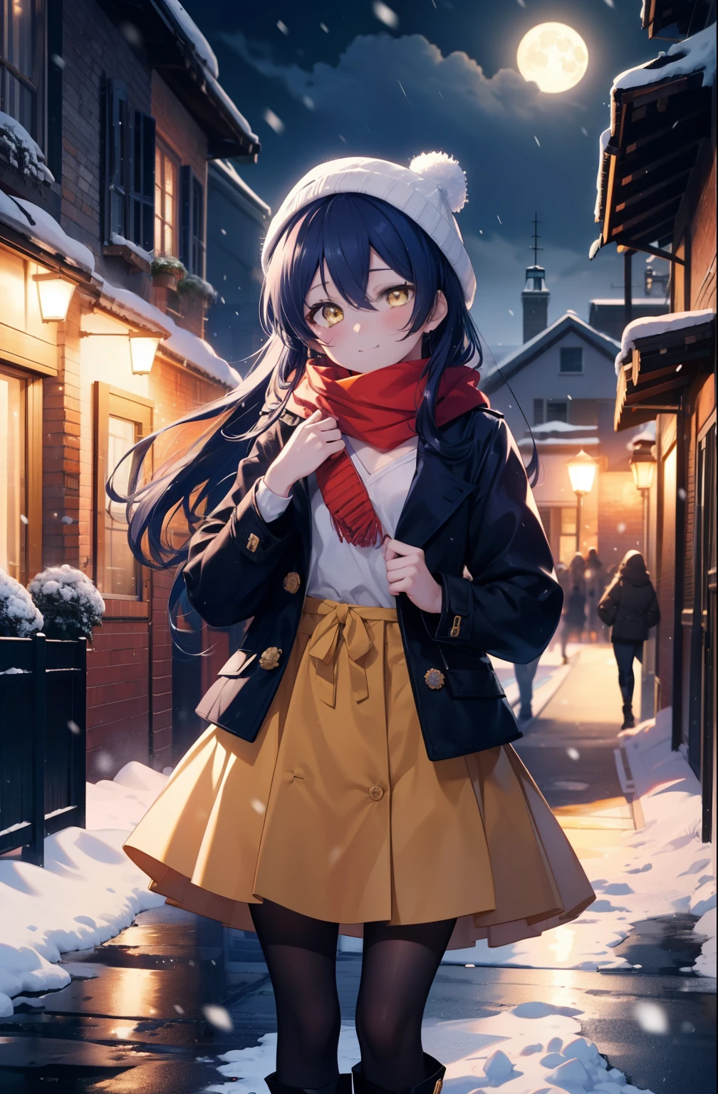 you are so kind, umi sonoda, long hair, blue hair, (yellow eyes:1.5) (flat chest:1.2),smile,blush knit hat,Blue fluffy long coat　Closing the front, I put my hands in my coat pockets,sweater, long skirt,black pantyhose,short boots,red orange scarf,snow is falling,It&#39;s snowing,moon,moon光、
break looking at viewer,
break outdoors, In town,residential street,
break (masterpiece:1.2), highest quality, High resolution, unity 8k wallpaper, (figure:0.8), (detailed and beautiful eyes:1.6), highly detailed face, perfect lighting, Very detailed CG, (perfect hands, perfect anatomy),