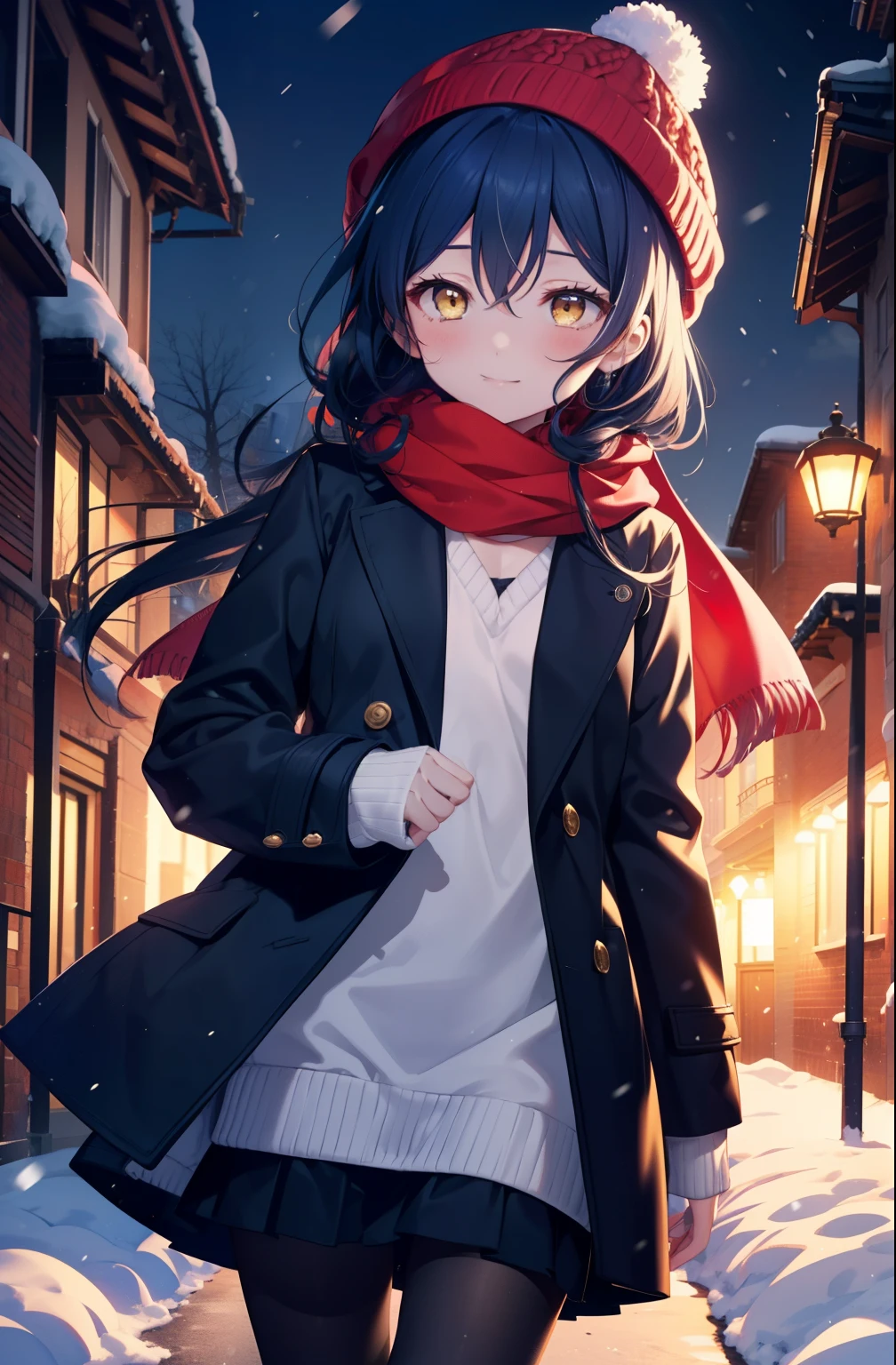 you are so kind, umi sonoda, long hair, blue hair, (yellow eyes:1.5) (flat chest:1.2),smile,blush knit hat,Blue fluffy long coat Closing the front, I put my hands in my coat pockets,sweater, long skirt,black pantyhose,short boots,red orange scarf,snow is falling,It's snowing,moon,moon光、
break looking at viewer,
break outdoors, In town,residential street,
break (masterpiece:1.2), highest quality, High resolution, unity 8k wallpaper, (figure:0.8), (detailed and beautiful eyes:1.6), highly detailed face, perfect lighting, Very detailed CG, (perfect hands, perfect anatomy),