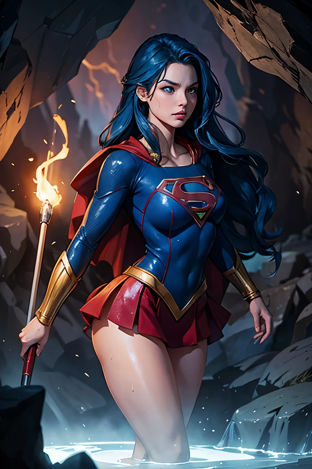 Supergirl in a cave, wet, thick thighs, Long blue hair, torch light, dragon behind, confident, majestic