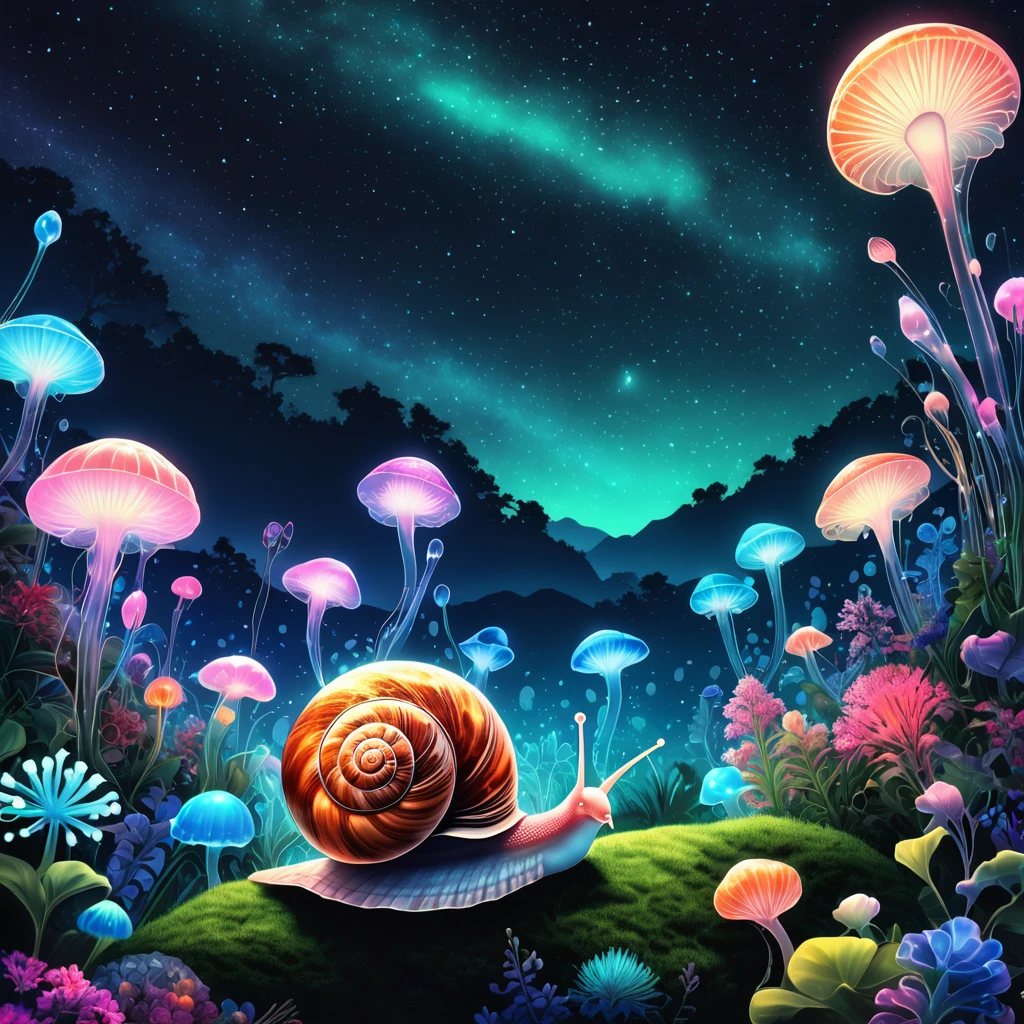 luminous object, aesthetic, extremely detailed, (transparent:1.5) glass snail shell filled with (bioluminescent:2) plants : luminous opalescent : Insanely detailed beautiful snail with glass shell : meticulously detailed filigree snail shell : bioluminescent (glowing:2.1) snail : (shimmering:1.3) : (sparkling:1.6) : extreme contrast and saturation : starry galactic night sky background : magical fantasy artwork : ultra high quality : dramatic lighting : extreme contrast : rule of thirds : HDR : photorealistic : florescent light
