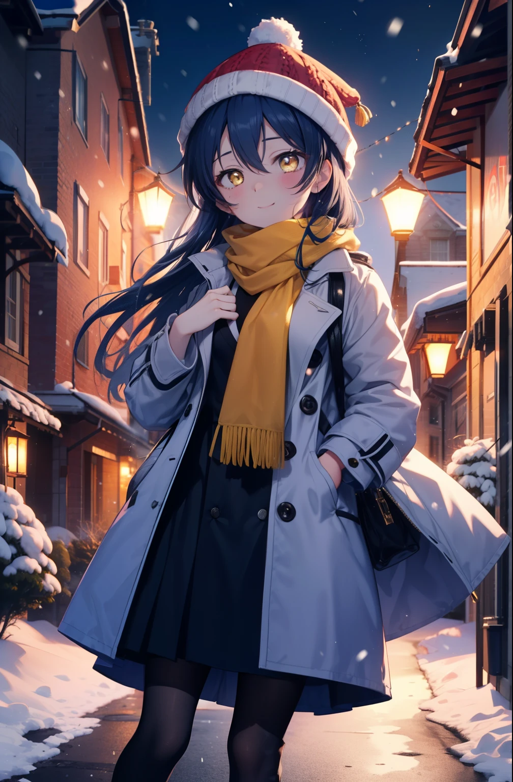 you are so kind, umi sonoda, long hair, blue hair, (yellow eyes:1.5) (flat chest:1.2),smile,blush knit hat,Blue fluffy long coat Closing the front, I put my hands in my coat pockets,sweater, long skirt,black pantyhose,short boots,red orange scarf,snow is falling,It's snowing,moon,moon光、
break looking at viewer,
break outdoors, In town,residential street,
break (masterpiece:1.2), highest quality, High resolution, unity 8k wallpaper, (figure:0.8), (detailed and beautiful eyes:1.6), highly detailed face, perfect lighting, Very detailed CG, (perfect hands, perfect anatomy),