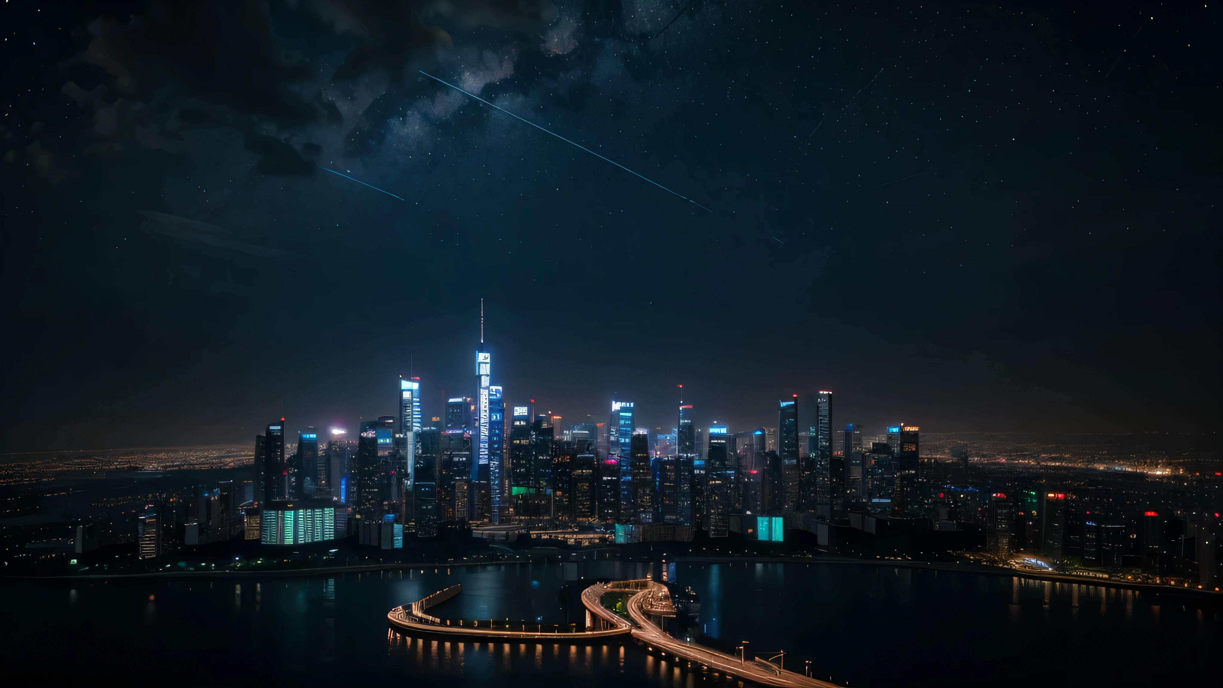 A futuristic cityscape with towering skyscrapers illuminated by neon lights under a starry night sky.