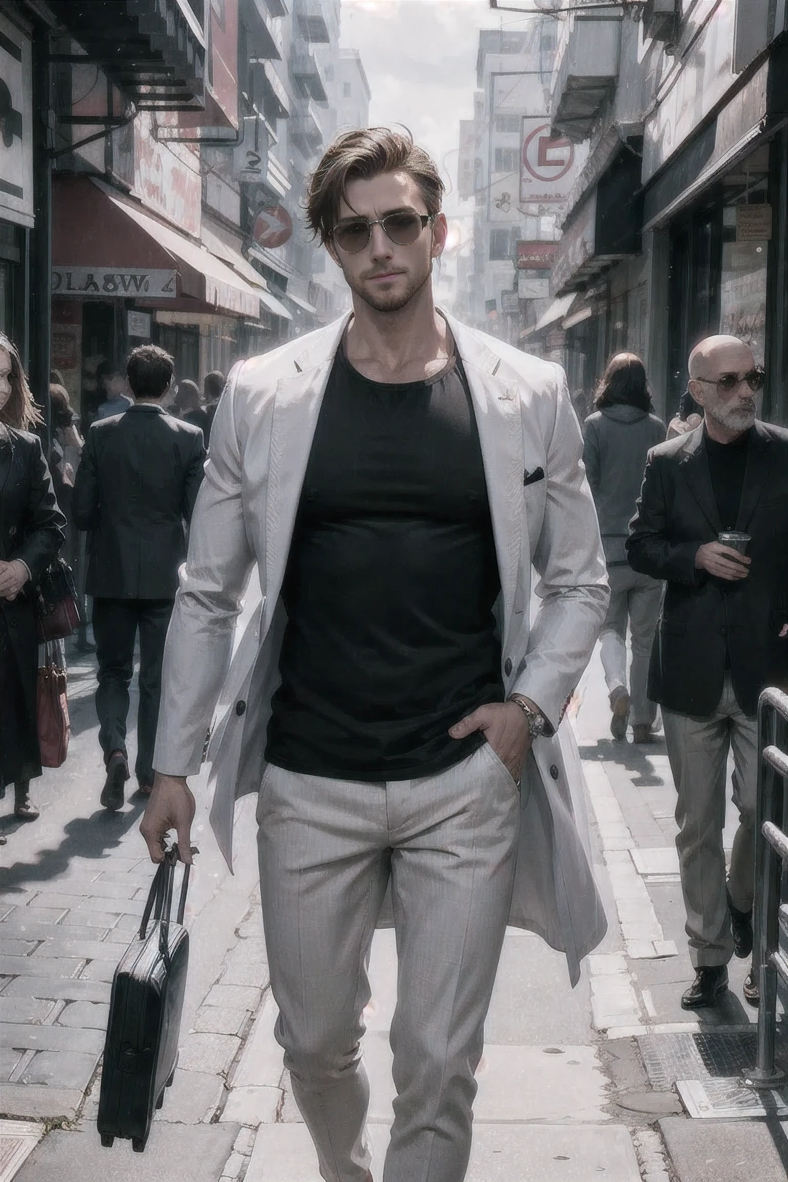 handsome man,loose clothing;, road