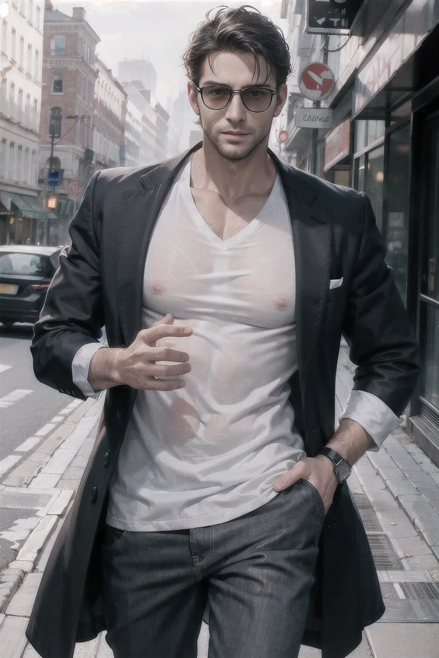handsome man,loose clothing;, road