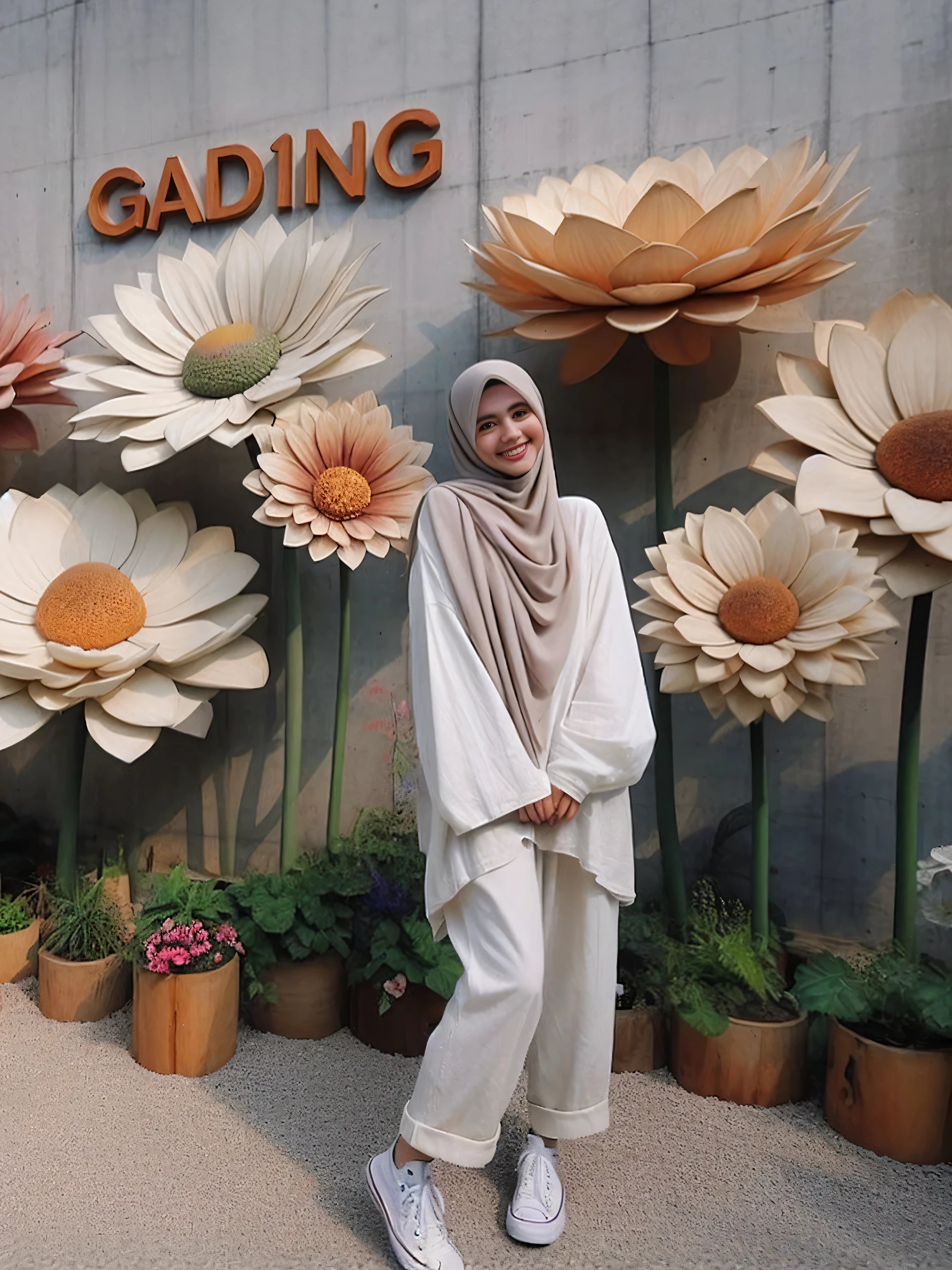 there is a woman standing in front of a display of flowers, inspired by Shaddy Safadi, giant flowers, standing gracefully upon a lotus, standing in flower field, standing in a flower field, in garden, inspired by Galen Dara, standing on a lotus, easygoing, with flowers, instagram picture, inspired by JoWOnder, inspired by Gao Kegong