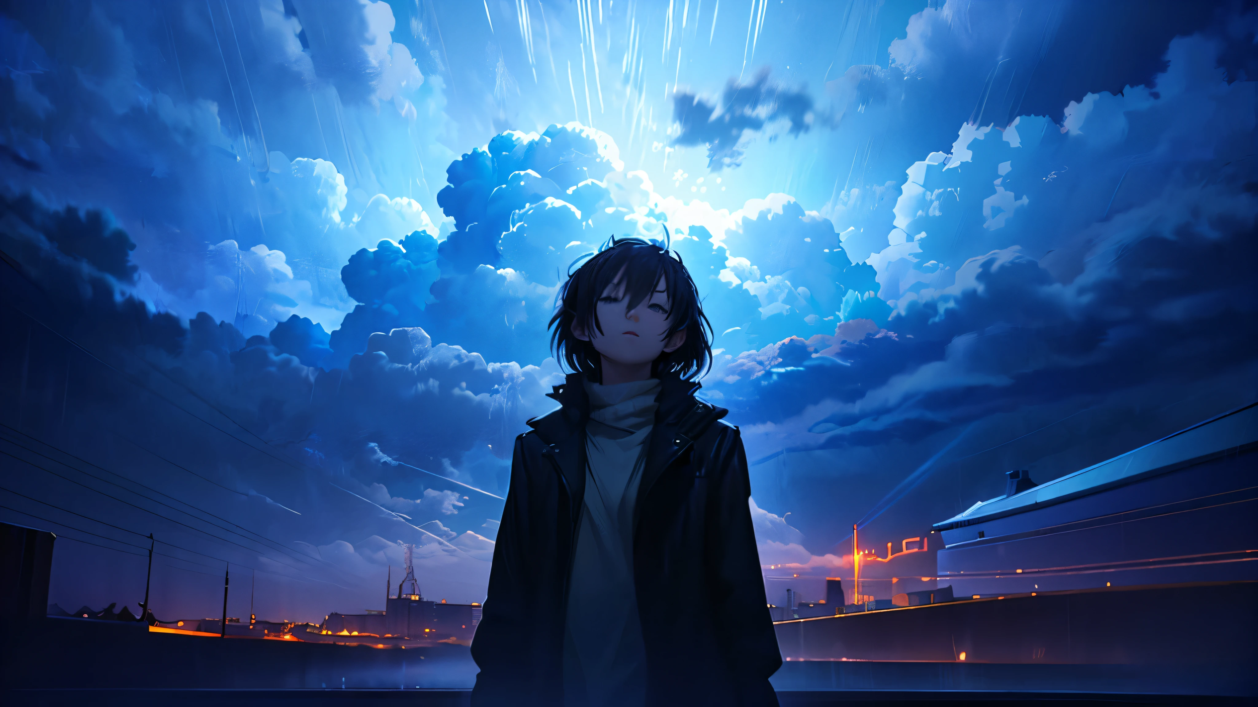 masterpiece、Background with((Fantastic Great Storm、Thunder plural、very heavy rain、dark))、Depth((Near Future City))、Looking up